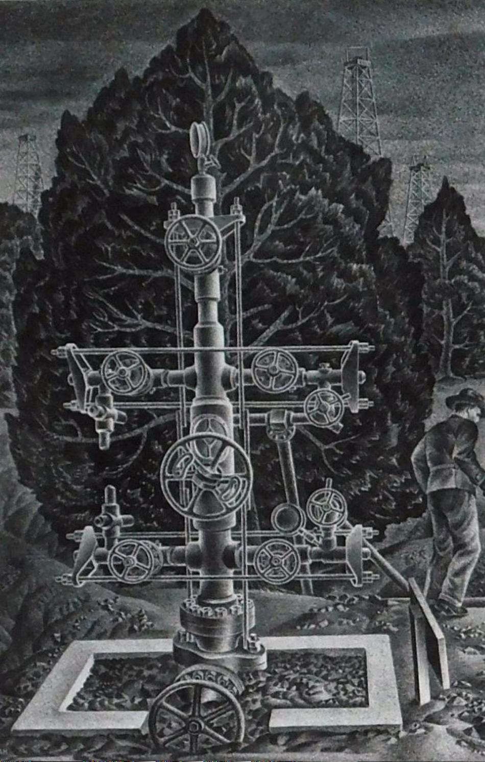 Alexandre Hogue Original Lithograph, 1941 - Oil Field Christmas Tree For Sale 3
