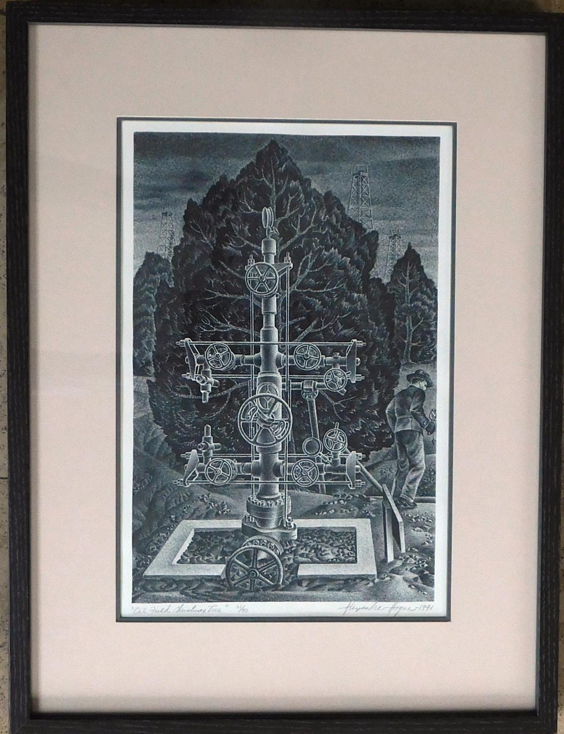Original lithograph by Texas artist Alexandre Hogue (1898-1994).
Title: Oil Field Christmas Tree. Created: 1941. 
Image size: 14 ½ x 9 1/8. Frame size: 22 ½ x 17.   
Edition size is 21 of 90.
The work is in excellent condition and nicely
