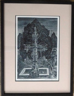 Alexandre Hogue Litografia originale, 1941 - Albero di Natale in campo petrolifero