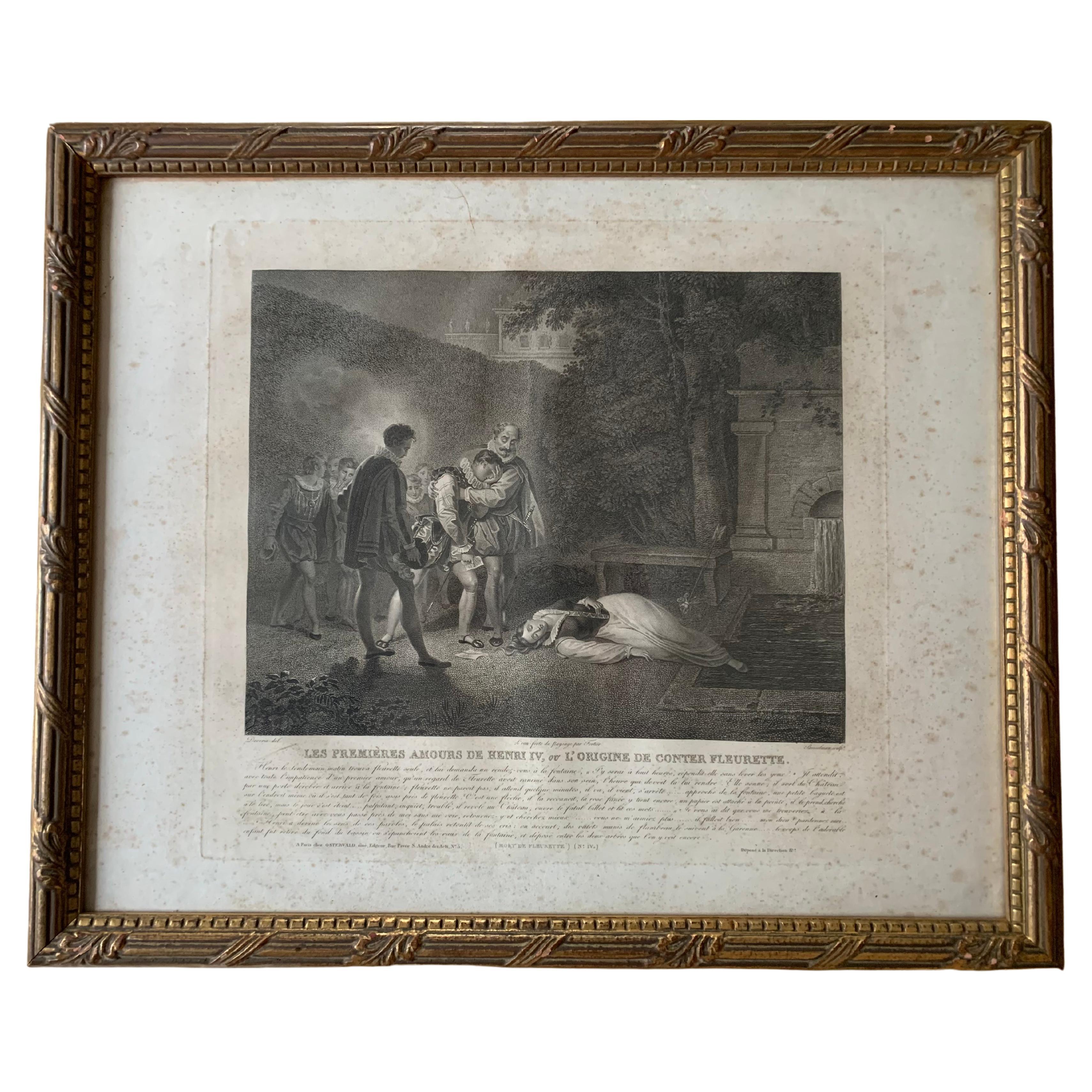 Alexandre Joseph Desenne "Los primeros amores de Henri iv" Grabado, Siglo XIX