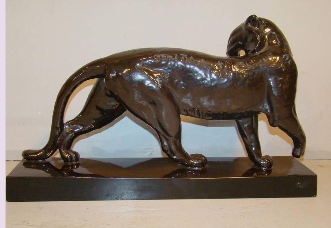 A.Kelety Et M Guillard, Art Deco enameled terracotta panther. Etling edition. Very good condition, Paris, 1930.
