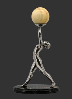 Alexandre KELETY Large French Art Deco Silverplate Bronze Lamp Sculpture 1920