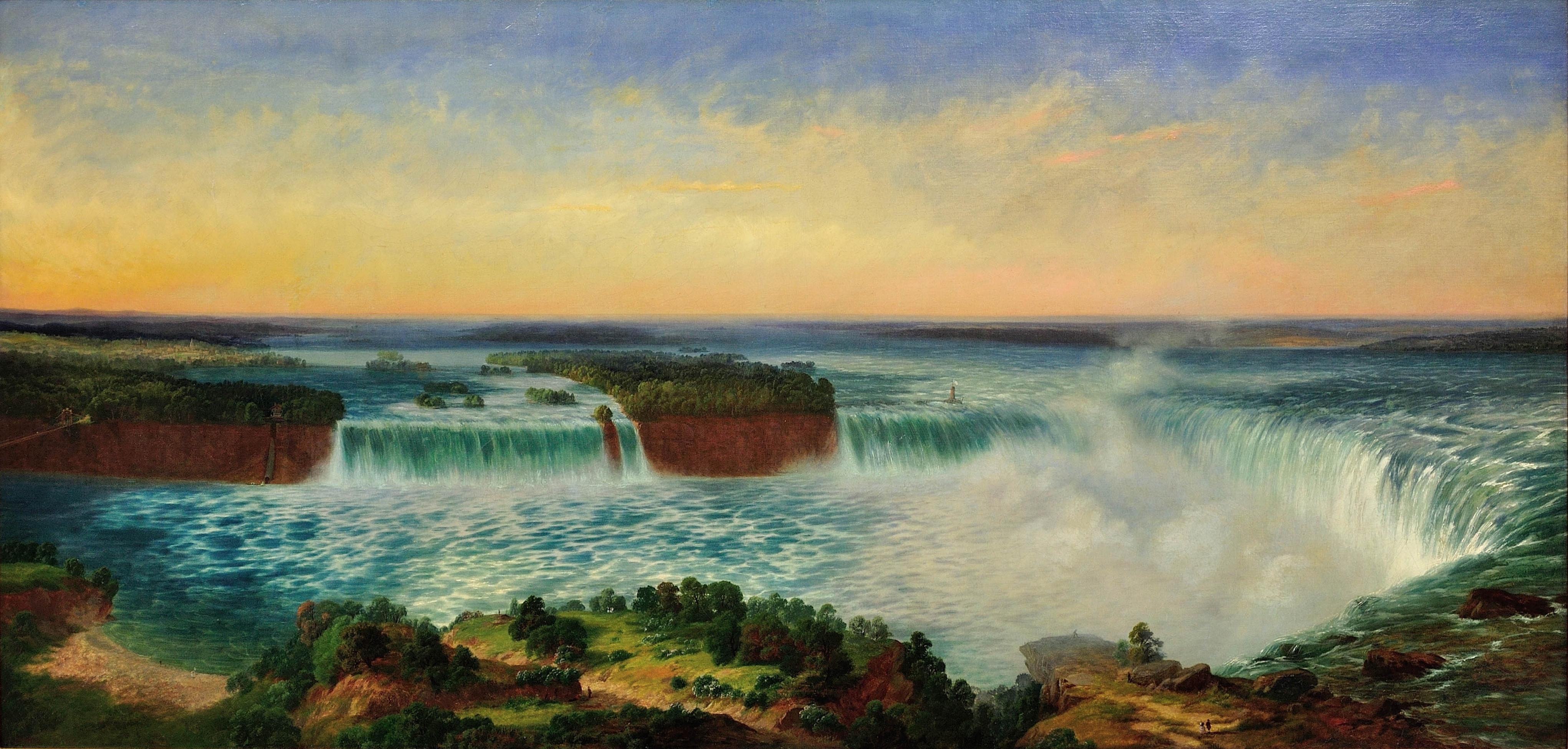 Niagarafälle, Ontario. Blick hinüber zum Staat New York. Buffalo NY in der Ferne.  – Painting von Alexandre Le Bihan