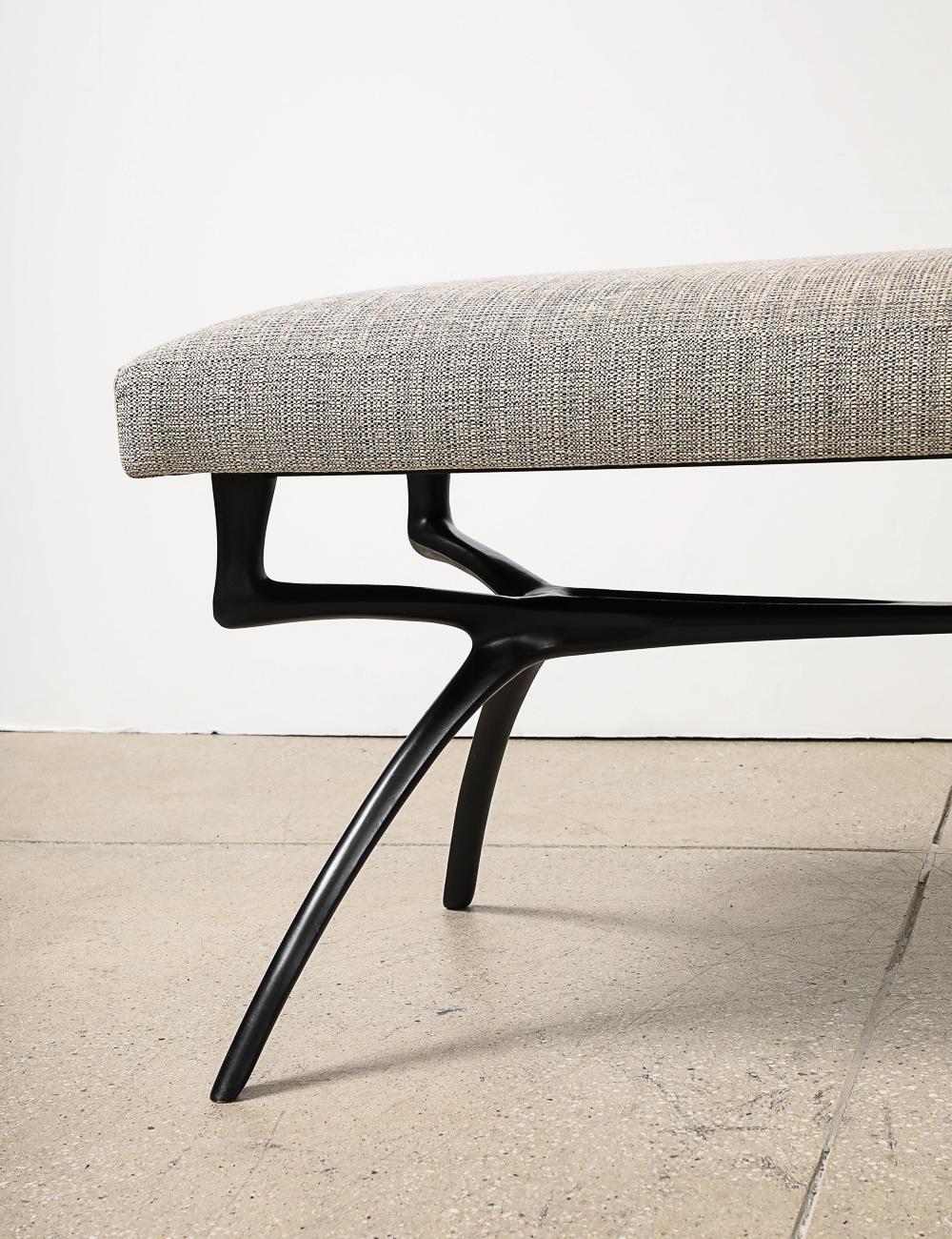 Made to order. Highly sculptural bench made out of cast bronze and upholstered with customer's own material. Please note that this bench comes in different sizes. Lead time: 20-24 weeks. C.O.M. Fabric: 2 yards. C.O.M. Leather: 1 hide. (1 hide = 55