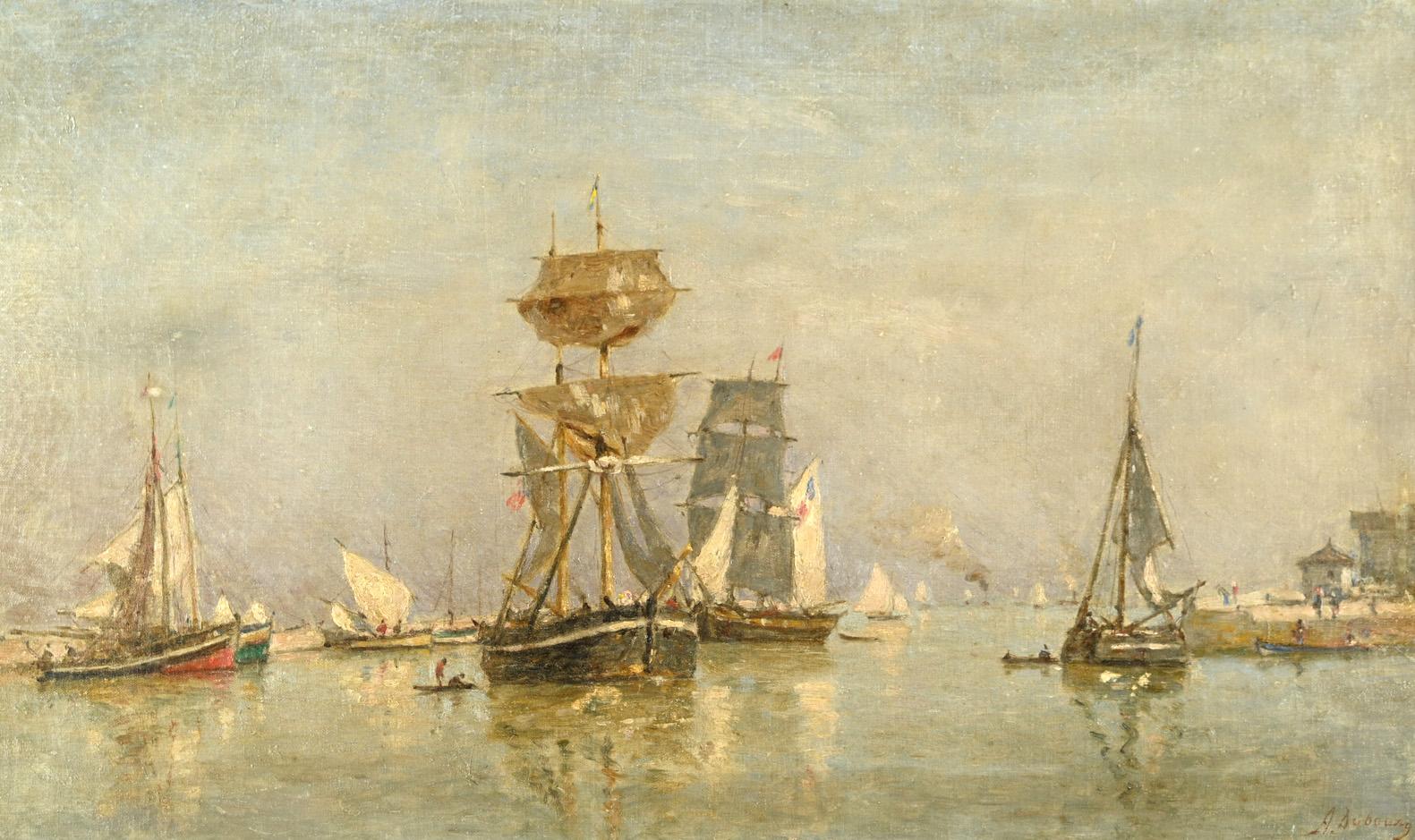 Voilier en rade d'Honfleur - Painting by Alexandre Louis Dubourg