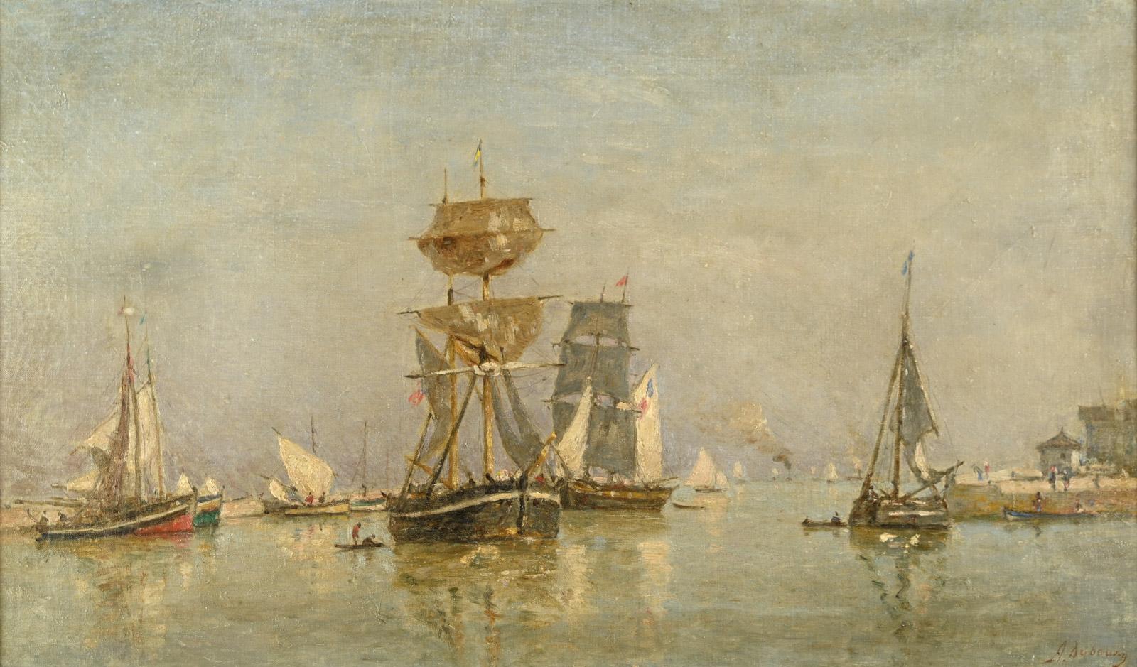 Voilier en rade d'Honfleur - Brown Landscape Painting by Alexandre Louis Dubourg