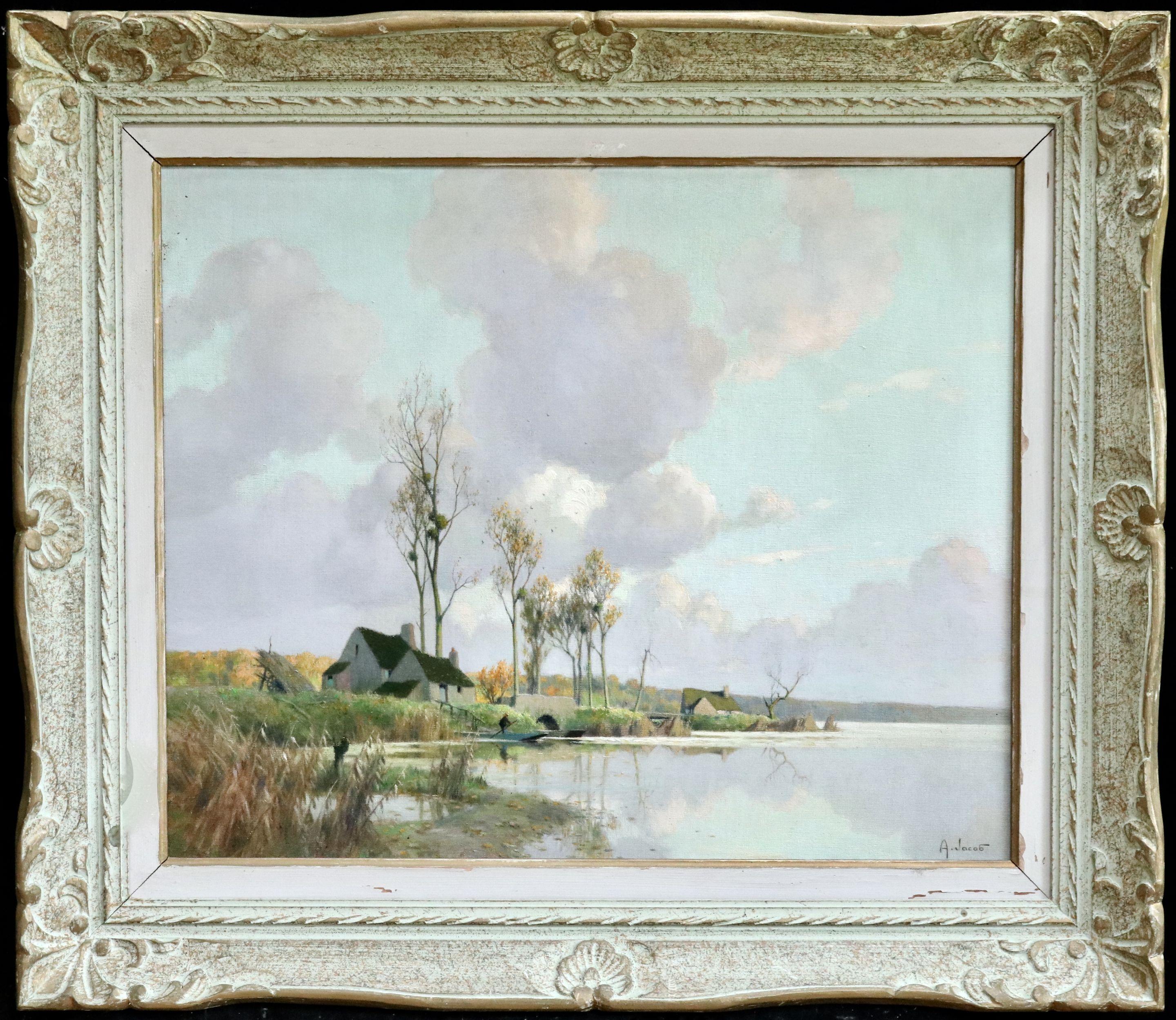 Automne au Marais - 20th Century Oil, Cottage by a River Landscape by A L Jacob - Painting by Alexandre Louis Jacob