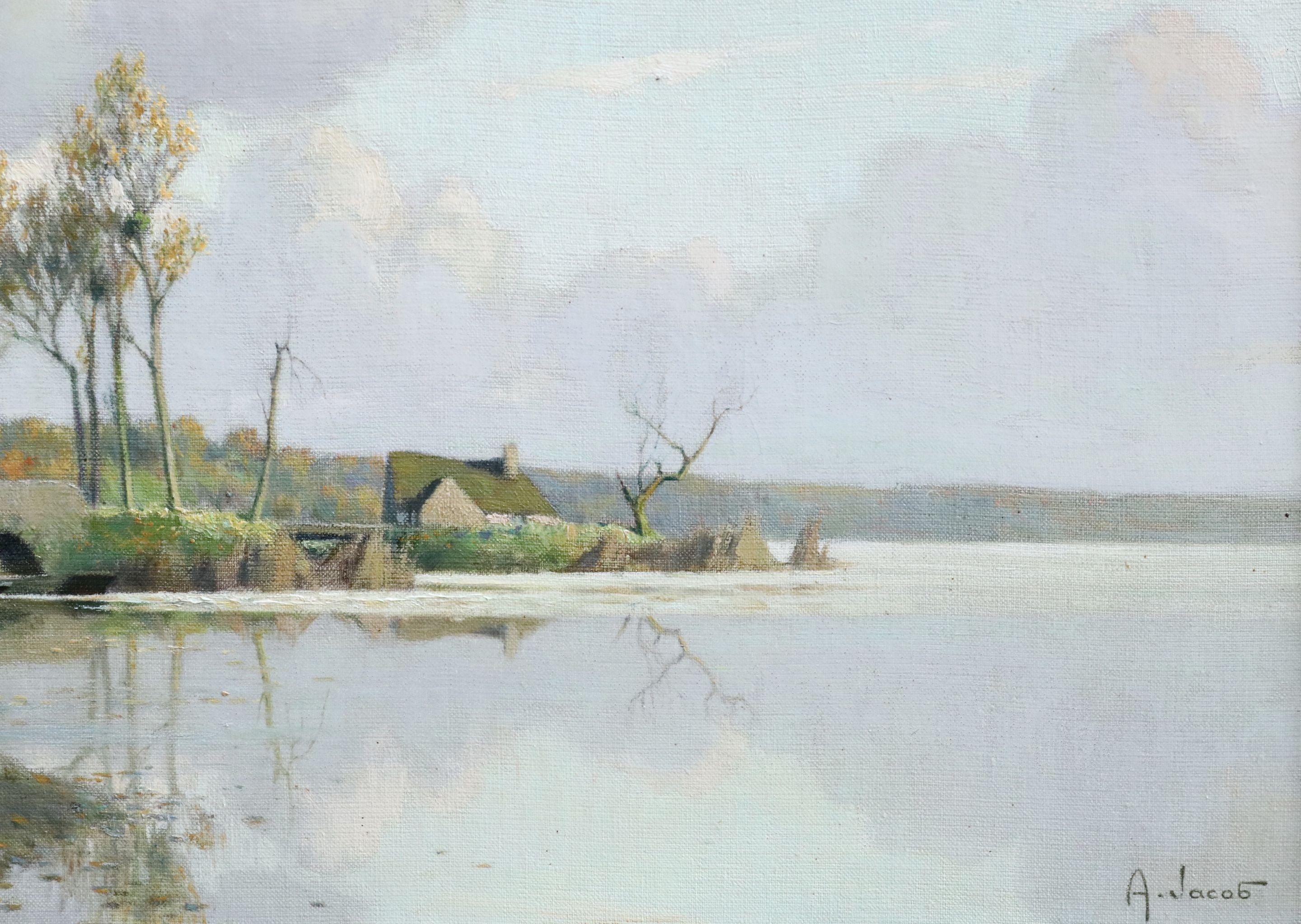 Automne au Marais - 20th Century Oil, Cottage by a River Landscape by A L Jacob - Impressionist Painting by Alexandre Louis Jacob