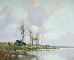 Automne au Marais - Huile du 20ème siècle:: Cottage by a River Landscape by A L Jacob