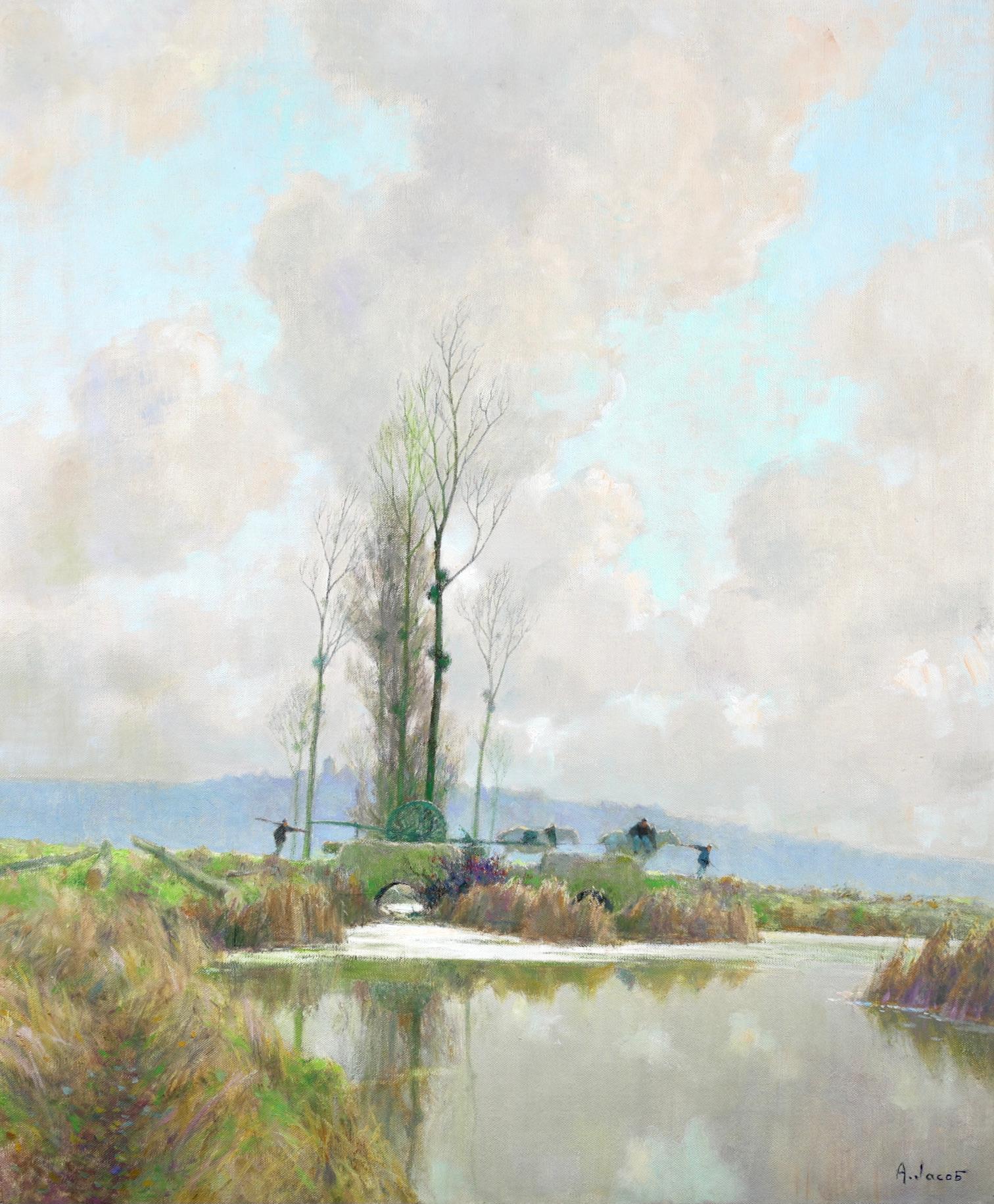 Avant Printemps au Marais - Paysage fluvial impressionniste de Alexandre Jacob - Painting de Alexandre Louis Jacob