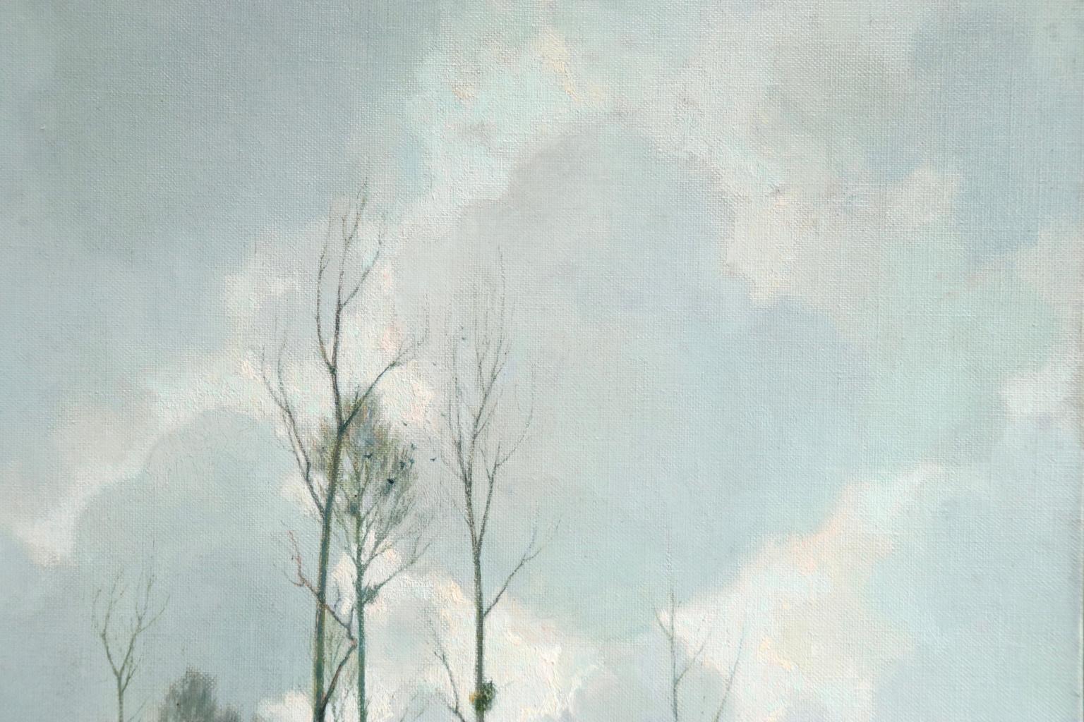 Bords d'Etang sur la Marne - Impressionist Oil, River in Landscape by A Jacob - Gray Figurative Painting by Alexandre Louis Jacob