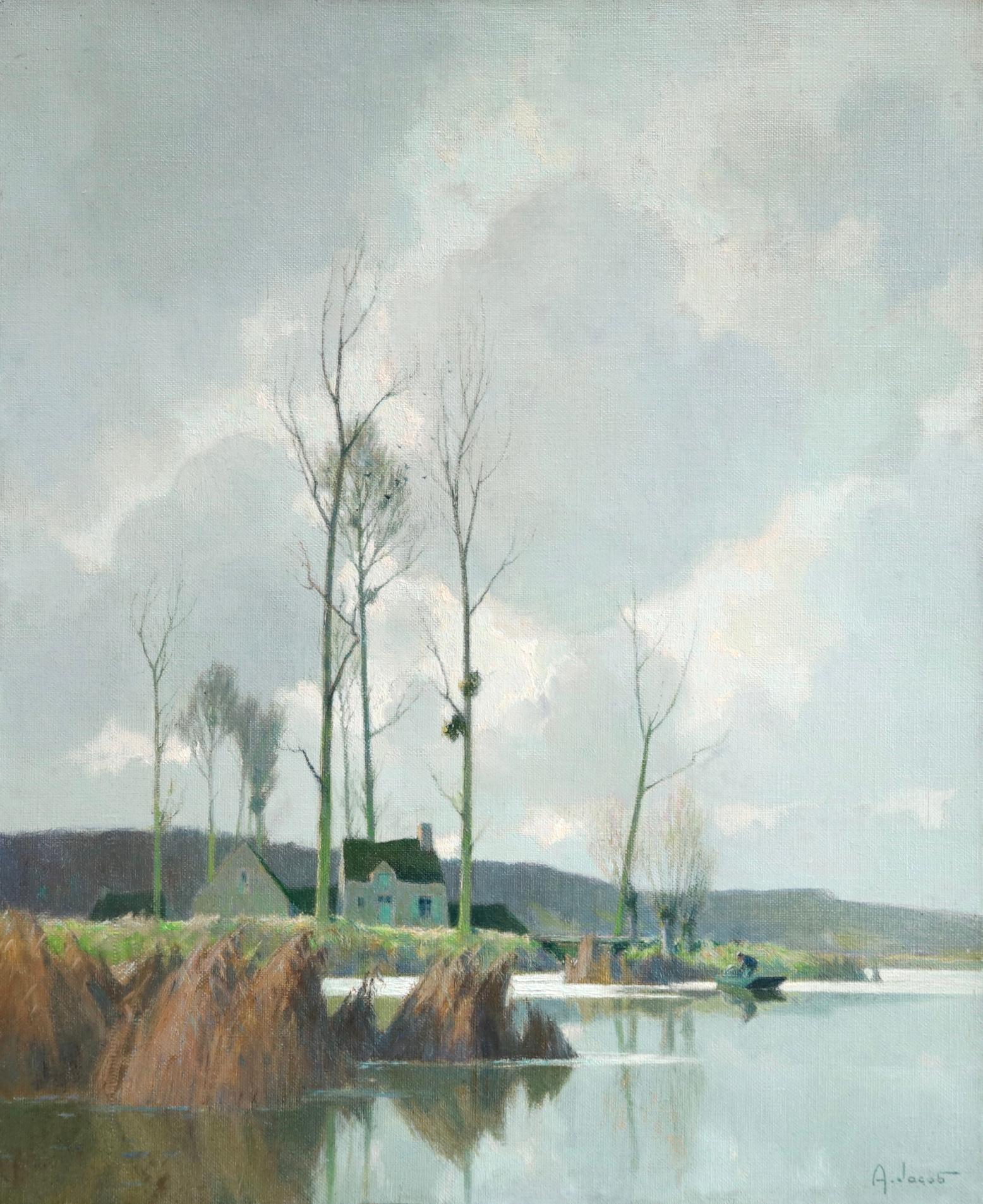 Alexandre Louis Jacob Figurative Painting - Bords d'Etang sur la Marne - Impressionist Oil, River in Landscape by A Jacob