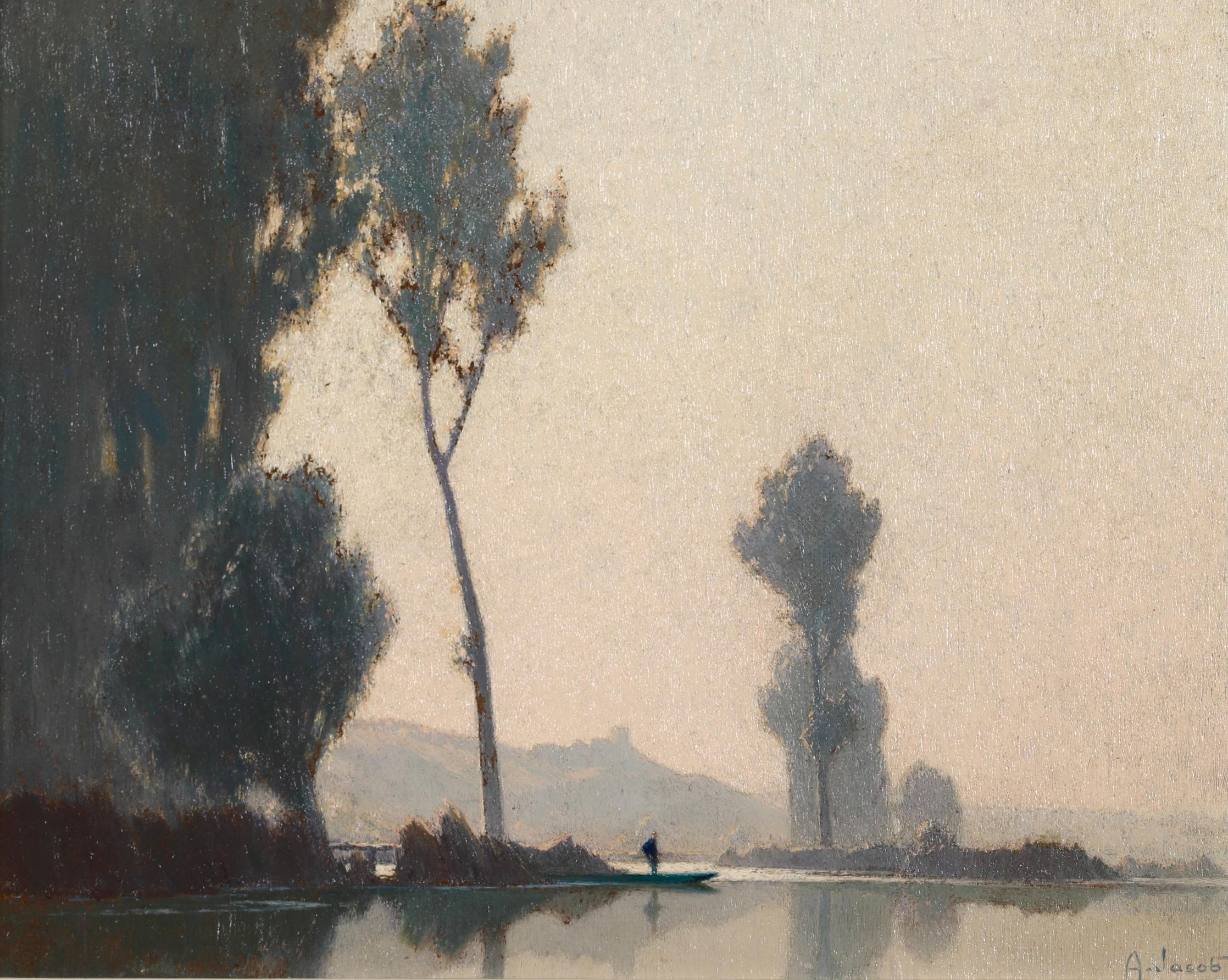 Signed oil on canvas landscape circa 1930 by popular French impressionist painter Alexandre Louis Jacob. The piece depicts a fisherman in a small boat by the bank of the River Seine early on a misty morning. 

Signature:
Signed lower