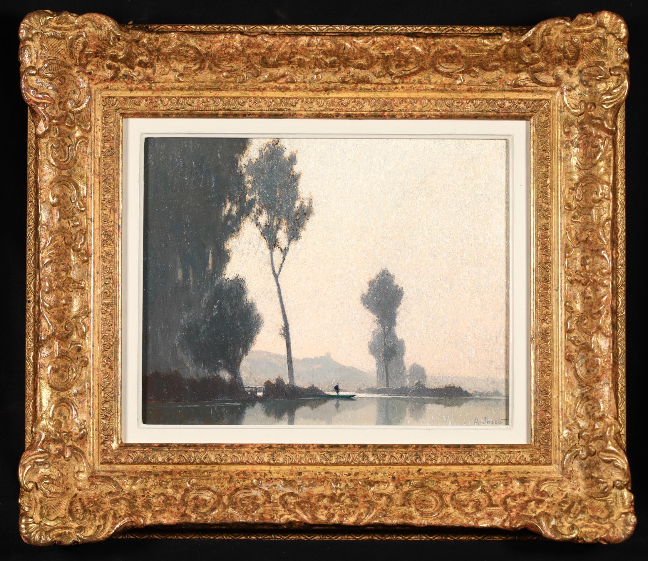 Alexandre Louis Jacob Landscape Painting - Buee Matinale - Impressionist Riverscape Oil Painting by Alexandre Jacob