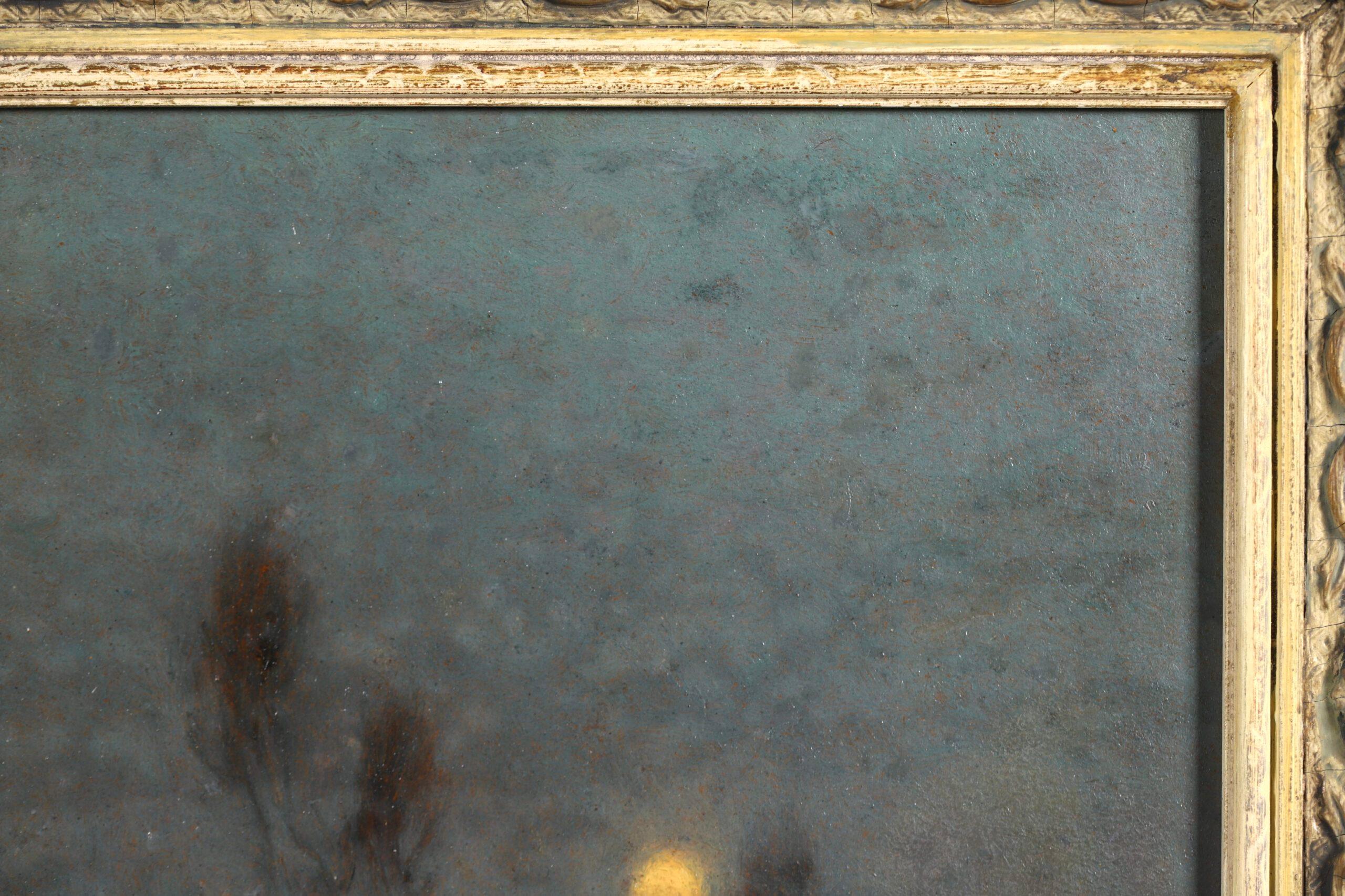 Paysage signé à l'huile sur panneau vers 1930 par le populaire peintre impressionniste français Alexandre Louis Jacob. L'œuvre représente une vue de la Seine au crépuscule. La lune, basse dans le ciel gris, brille d'un éclat jaune. En dessous