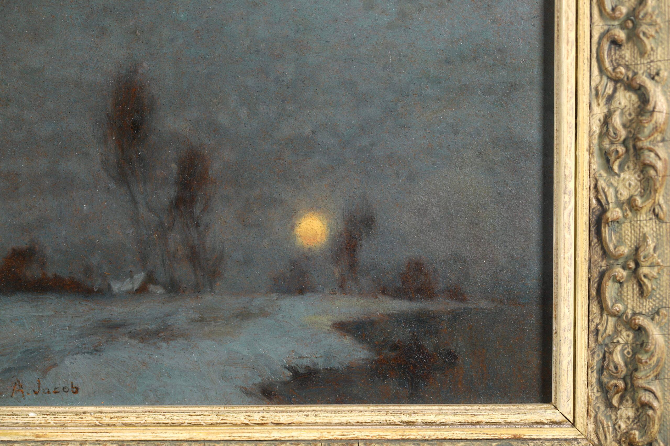 Signed oil on board landscape circa 1930 by popular French impressionist painter Alexandre Louis Jacob. The piece depicts a view of the River Seine at dusk. The moon sits low in the grey sky glowing yellow, and below it are bare trees and the bank
