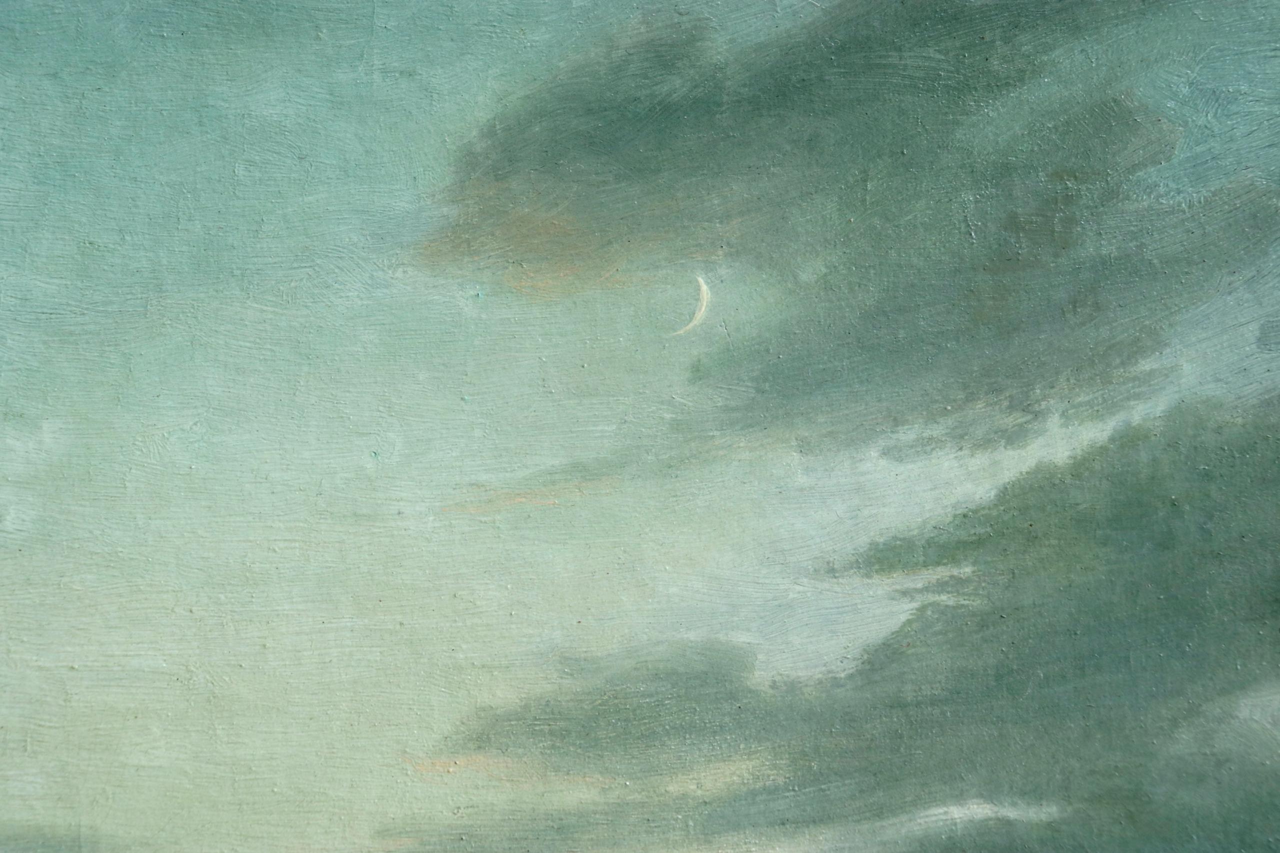 Crescent Moon Over The Marshes - Signed oil on board by Alexandre Jacob - Painting by Alexandre Louis Jacob