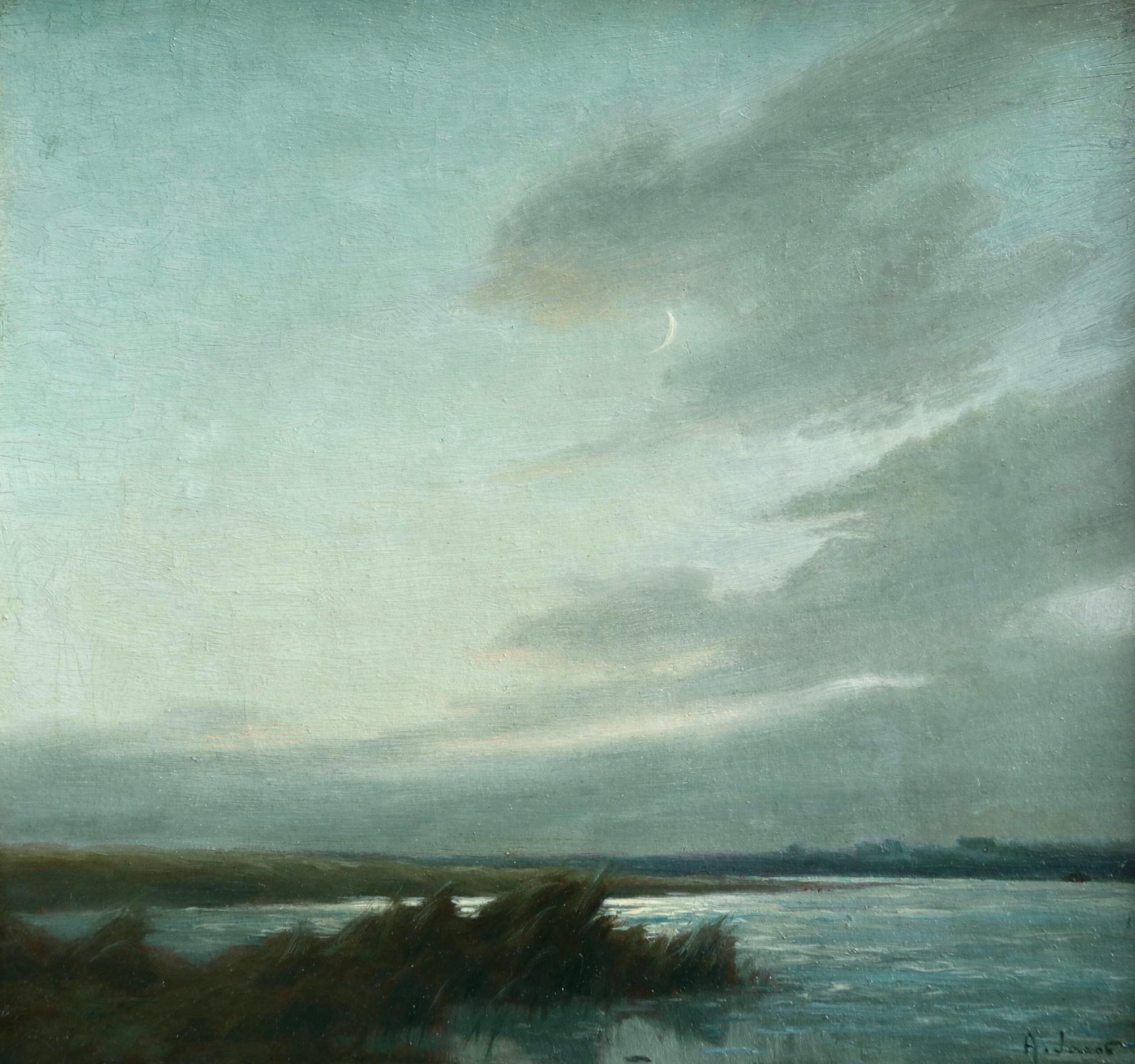 Crescent Moon Over The Marshes - Signed oil on board by Alexandre Jacob 1