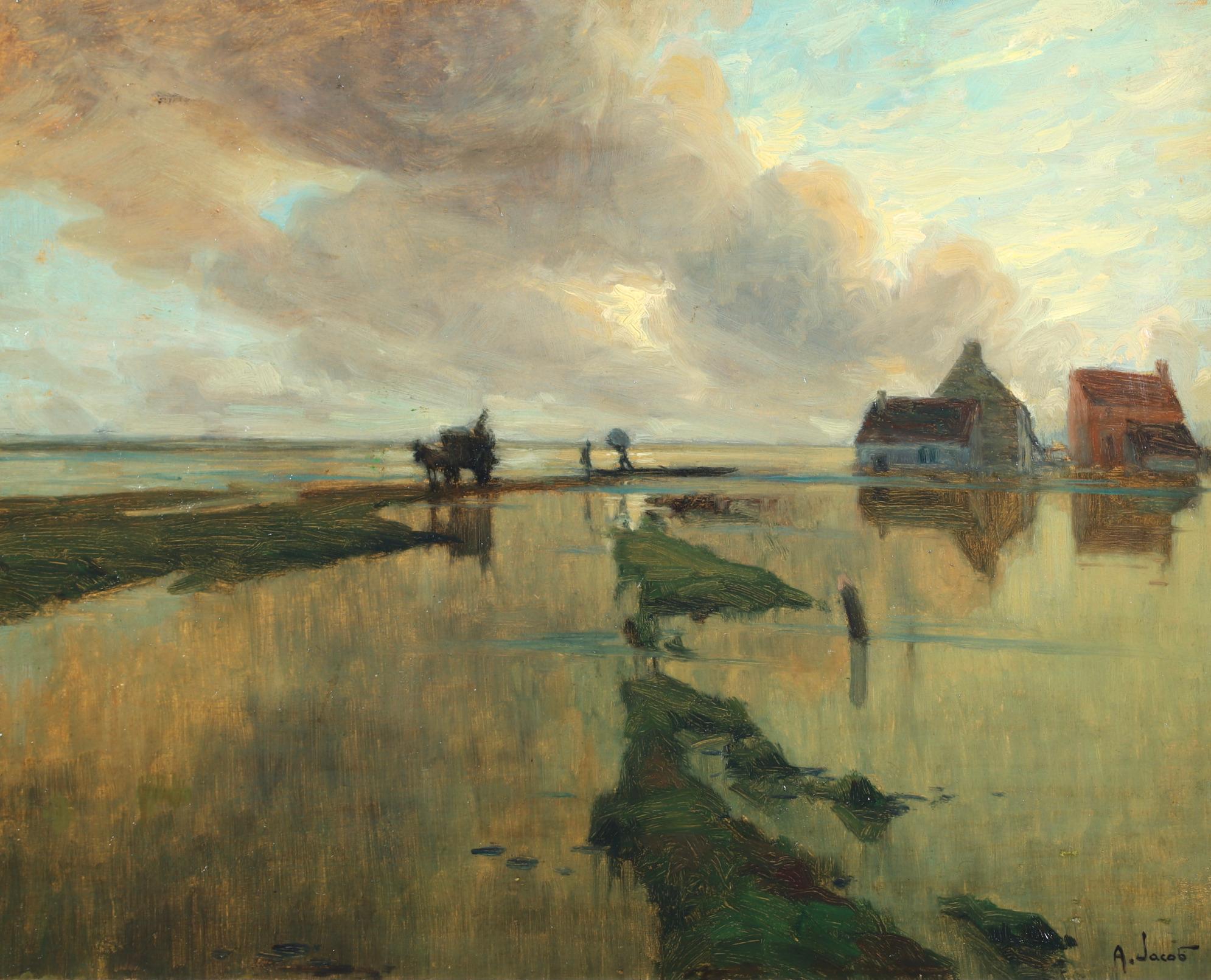 Dans la plaine de Gennevilliers - Impressionist Landscape Oil by Alexandre Jacob - Painting by Alexandre Louis Jacob