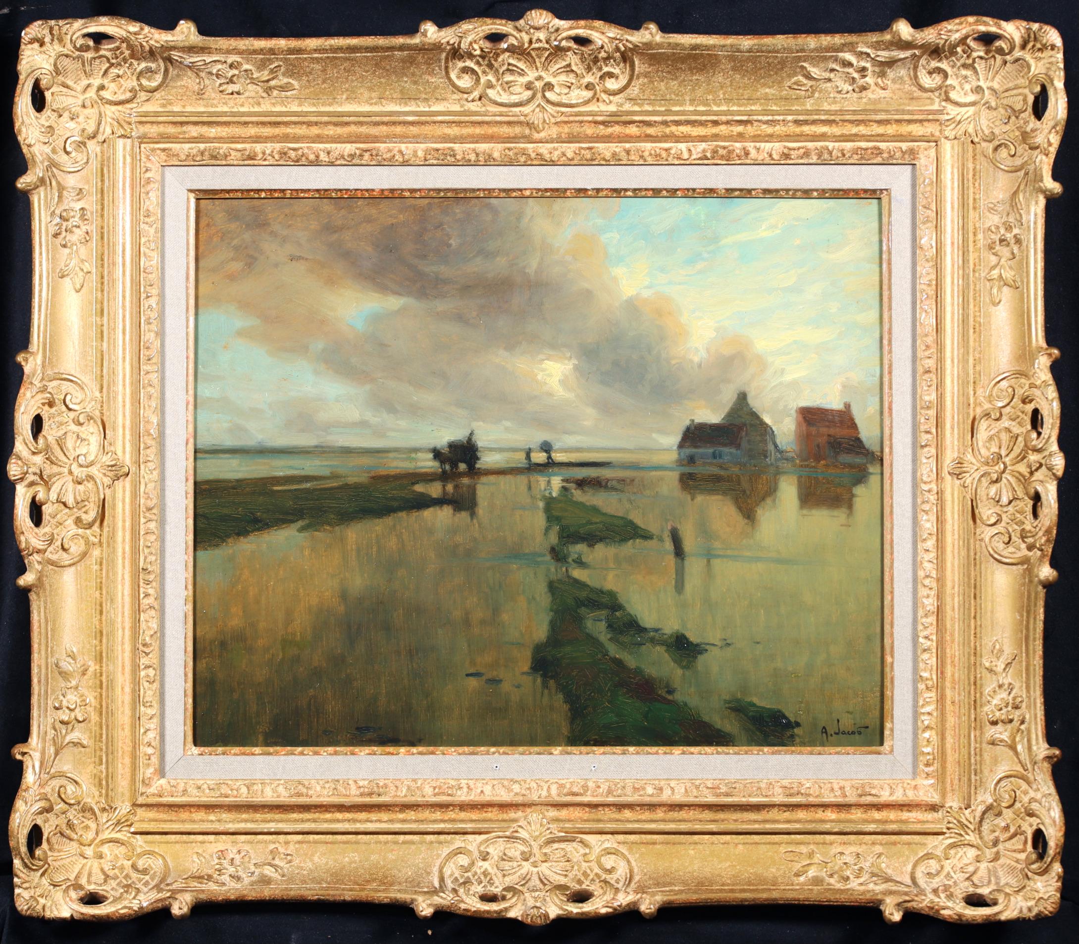 Alexandre Louis Jacob Figurative Painting - Dans la plaine de Gennevilliers - Impressionist Landscape Oil by Alexandre Jacob