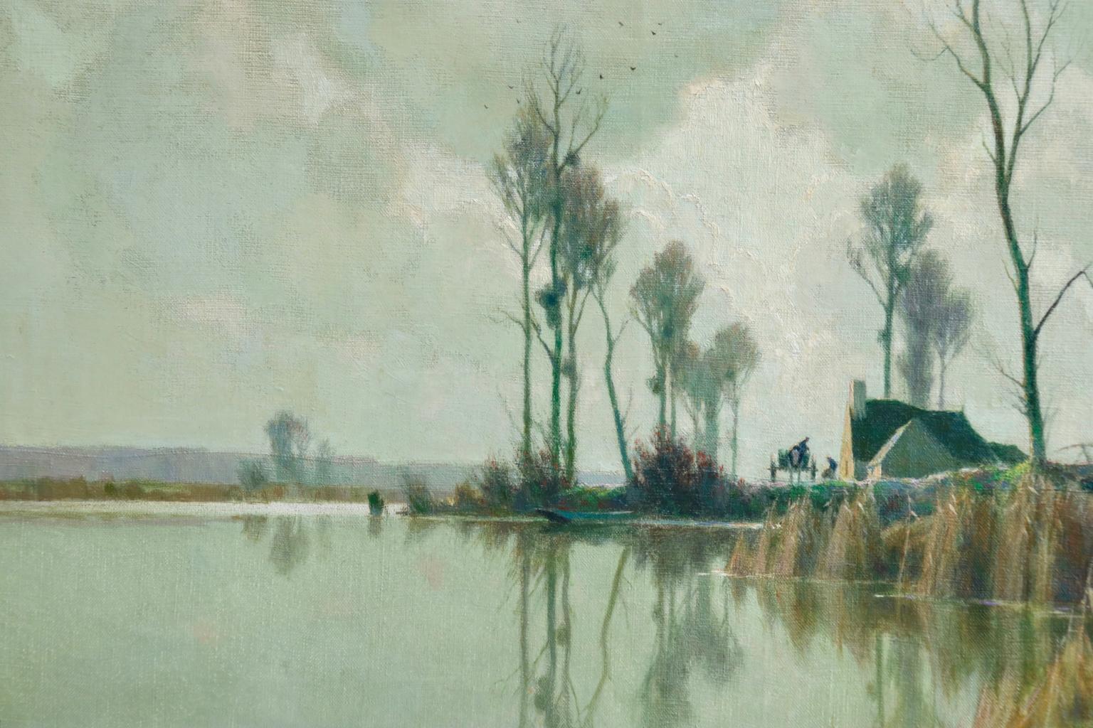 Eclaircie sur le Marais - Impressionist Oil, River in Landscape by A Jacob - Gray Figurative Painting by Alexandre Louis Jacob