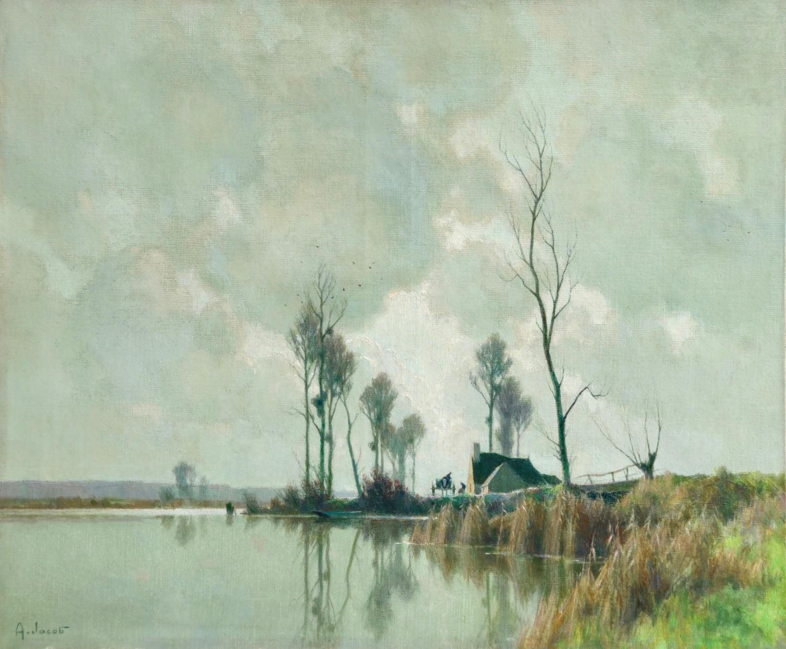 Alexandre Louis Jacob Figurative Painting - Eclaircie sur le Marais - Impressionist Oil, River in Landscape by A Jacob
