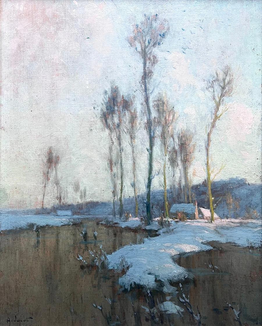 Dimensiones de la imagen: 41,5cm x 33cm
Dimensiones enmarcado: 58,2 cm x 50,5 cm
Firmado abajo a la izquierda.

Este hermoso óleo original de Alexandre Jacob representa una escena fluvial nevada. Alexandre Jacob realizó su formación artística formal