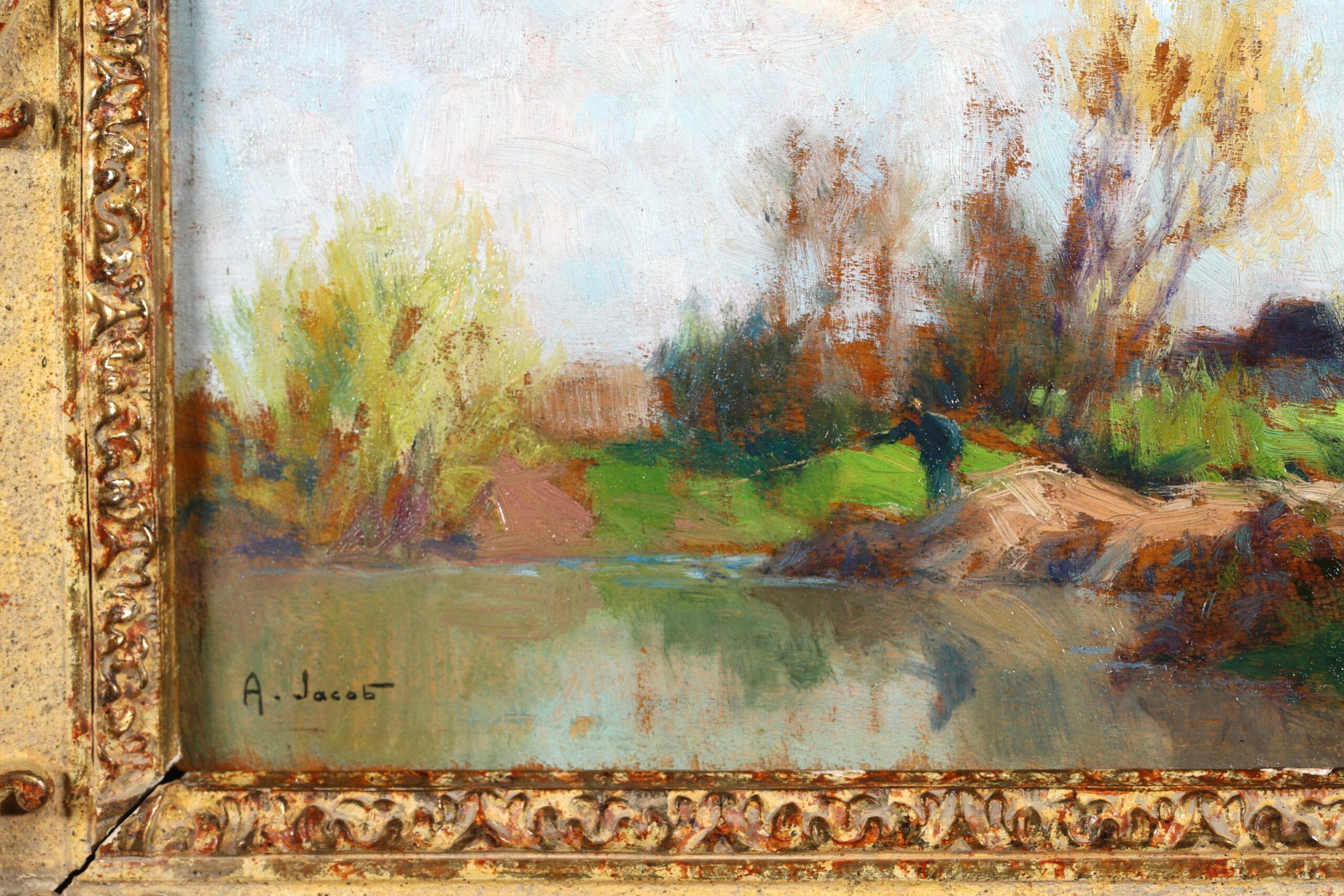 Fishing on the Seine - Impressionist Landscape Oil Painting by Alexandre Jacob For Sale 6