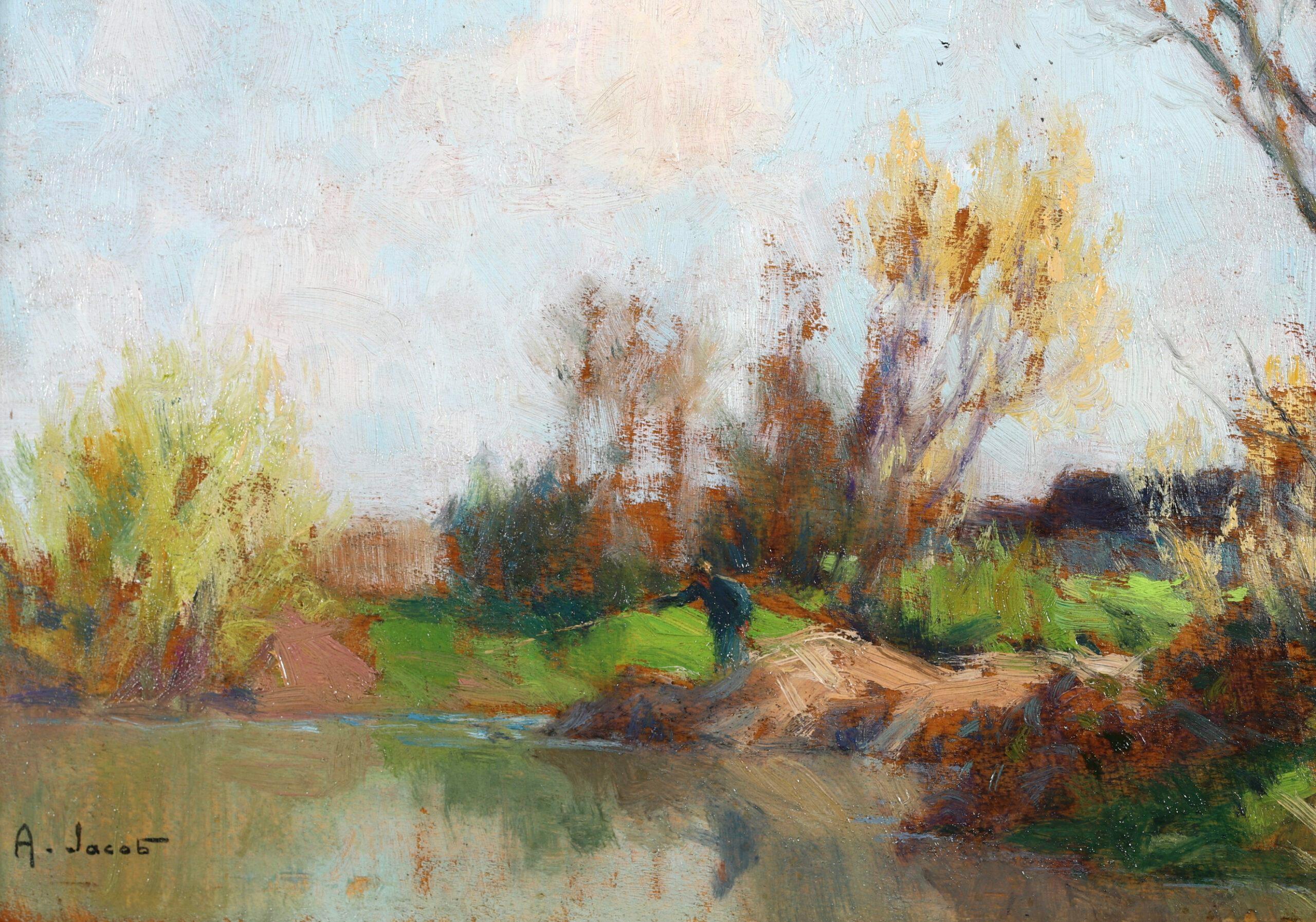 La pêche sur la Seine - Peinture à l'huile impressionniste d'un paysage par Alexandre Jacob en vente 1
