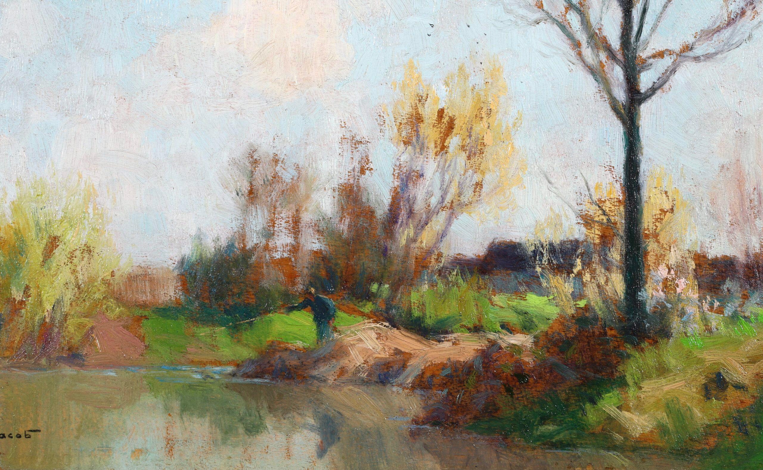 La pêche sur la Seine - Peinture à l'huile impressionniste d'un paysage par Alexandre Jacob en vente 2