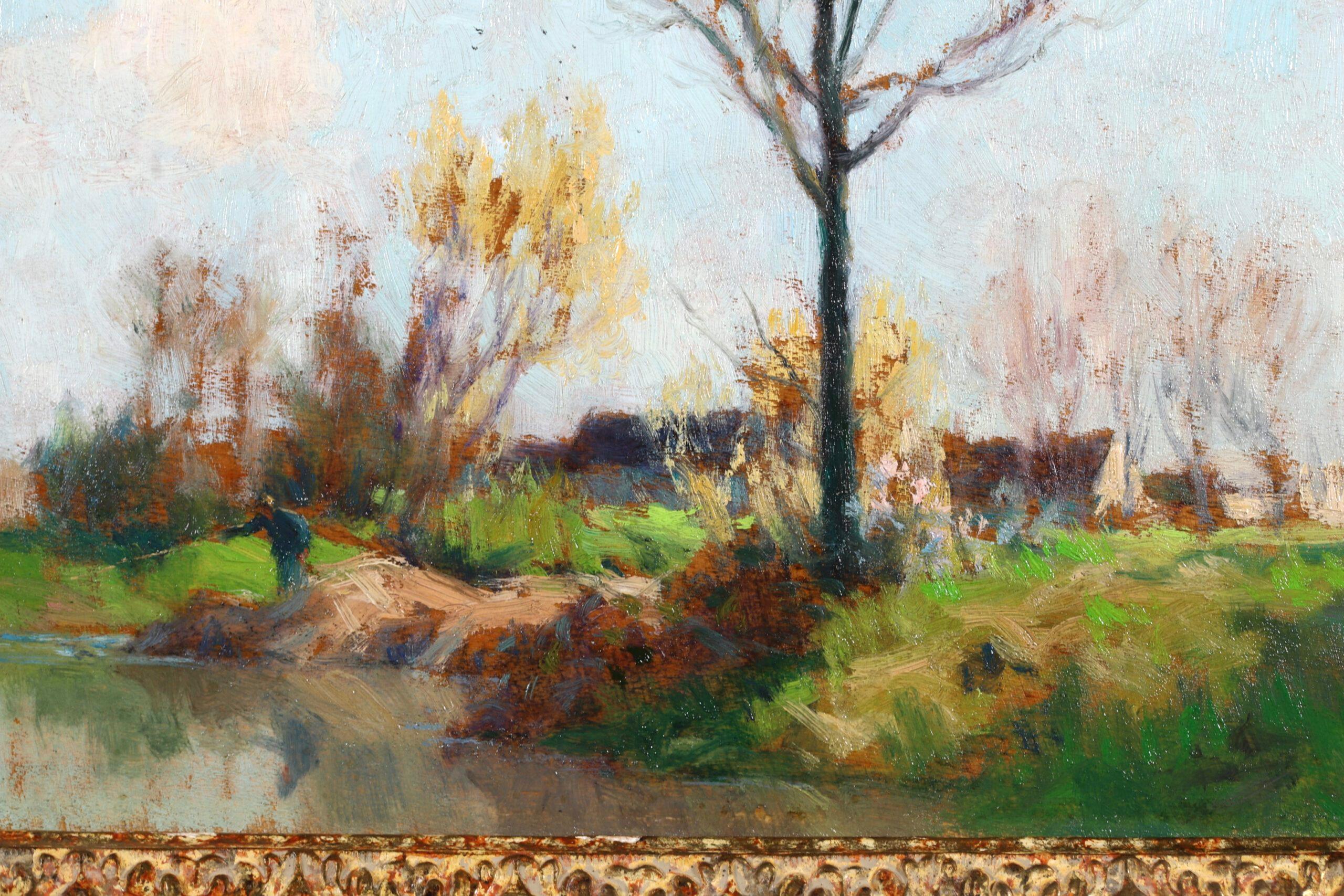 La pêche sur la Seine - Peinture à l'huile impressionniste d'un paysage par Alexandre Jacob en vente 3