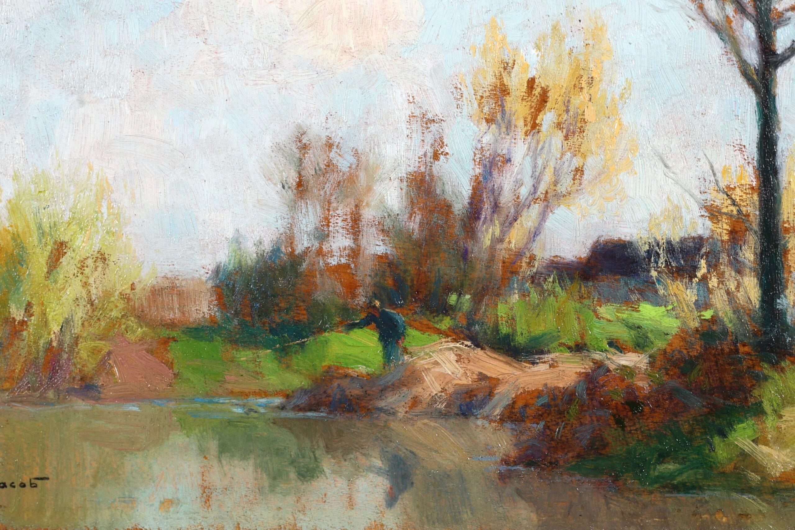 La pêche sur la Seine - Peinture à l'huile impressionniste d'un paysage par Alexandre Jacob en vente 5