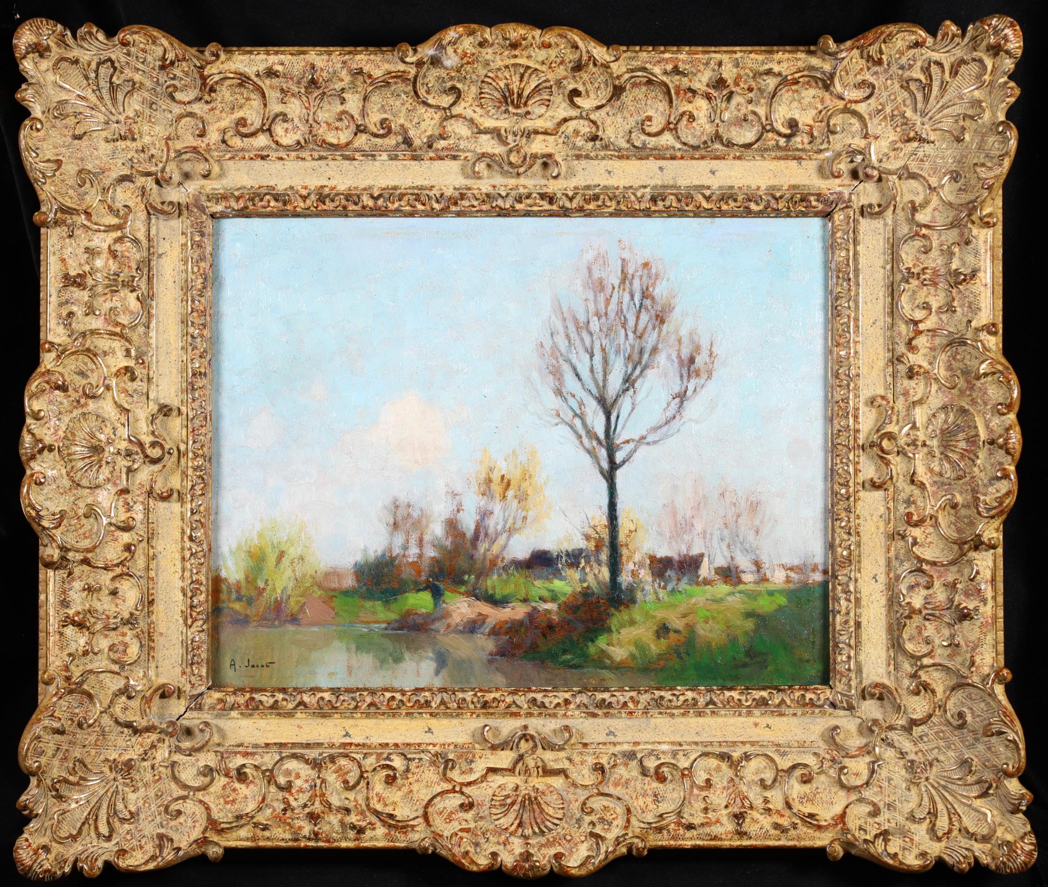 Alexandre Louis Jacob Landscape Painting - Fishing on the Seine - Impressionist Landscape Oil Painting by Alexandre Jacob