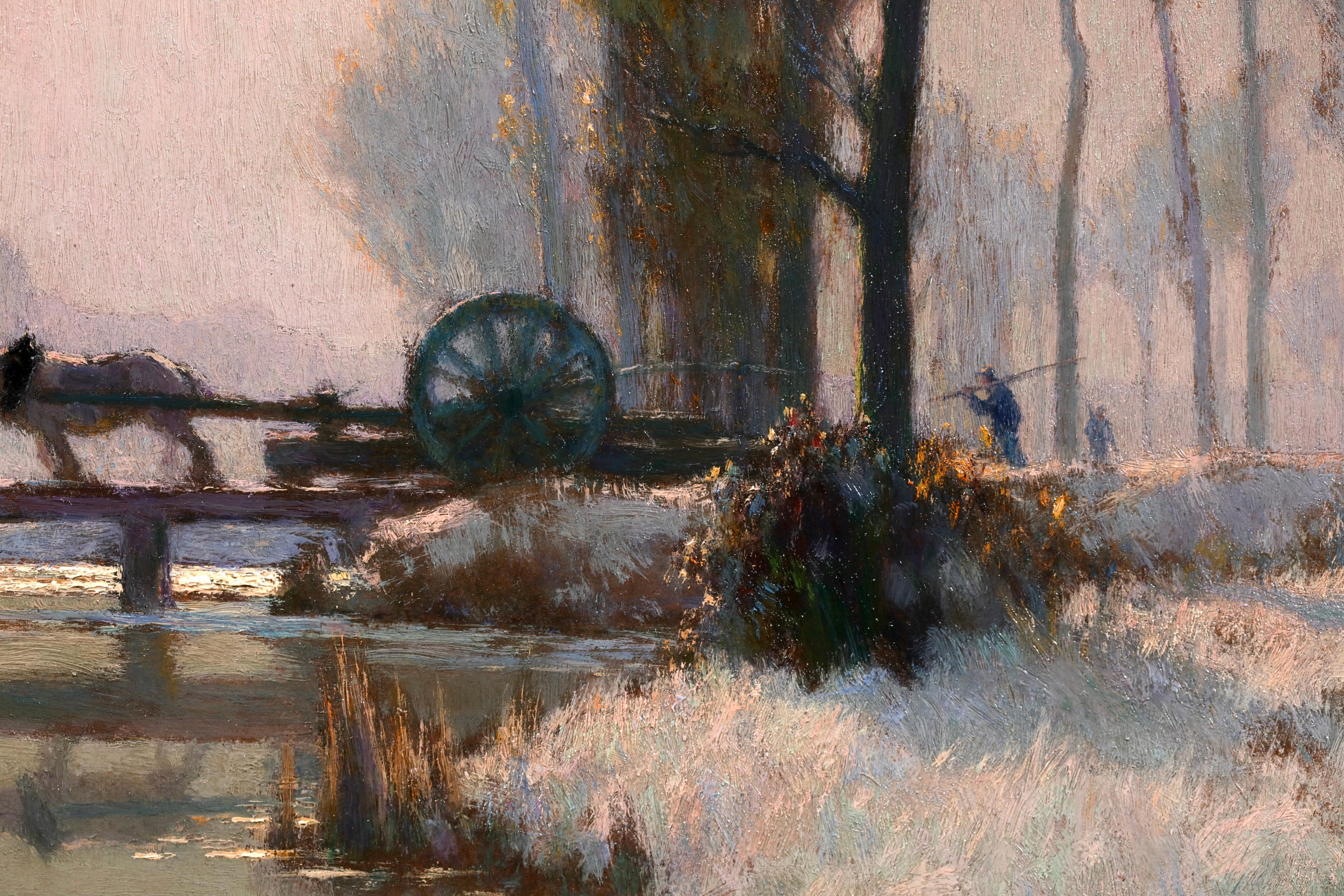 Givre et Soleil - Impressionist Riverscape Oil by Alexandre Jacob - Beige Animal Painting by Alexandre Louis Jacob