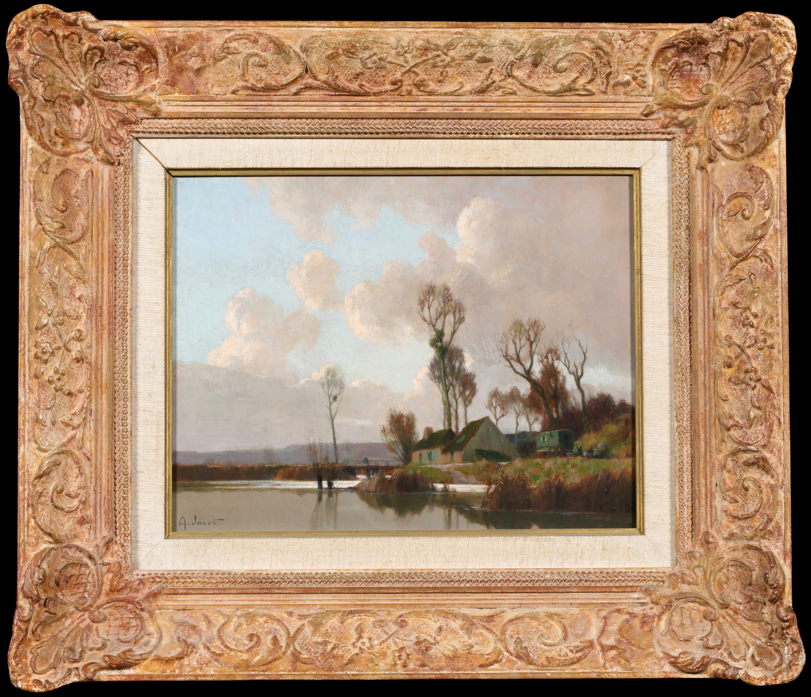 Figurative Painting di Alexandre Louis Jacob - La Roulotte dans Le Marais - Olio impressionista con paesaggio fluviale di Alexandre Jacob
