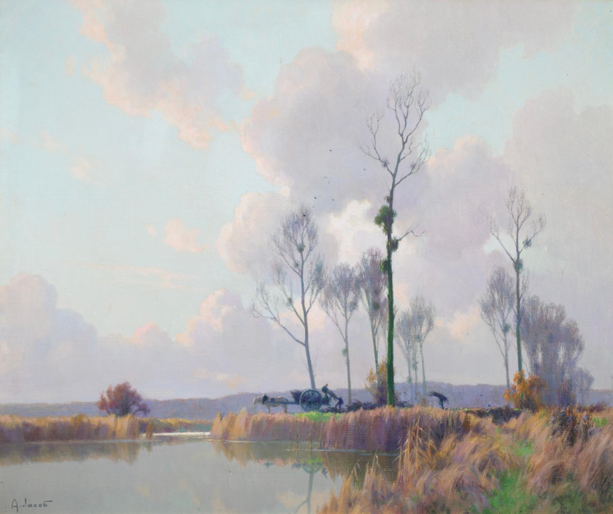 Marecages en Seine et Marne - Impressionist Riverscape Oil by Alexandre Jacob - Painting by Alexandre Louis Jacob