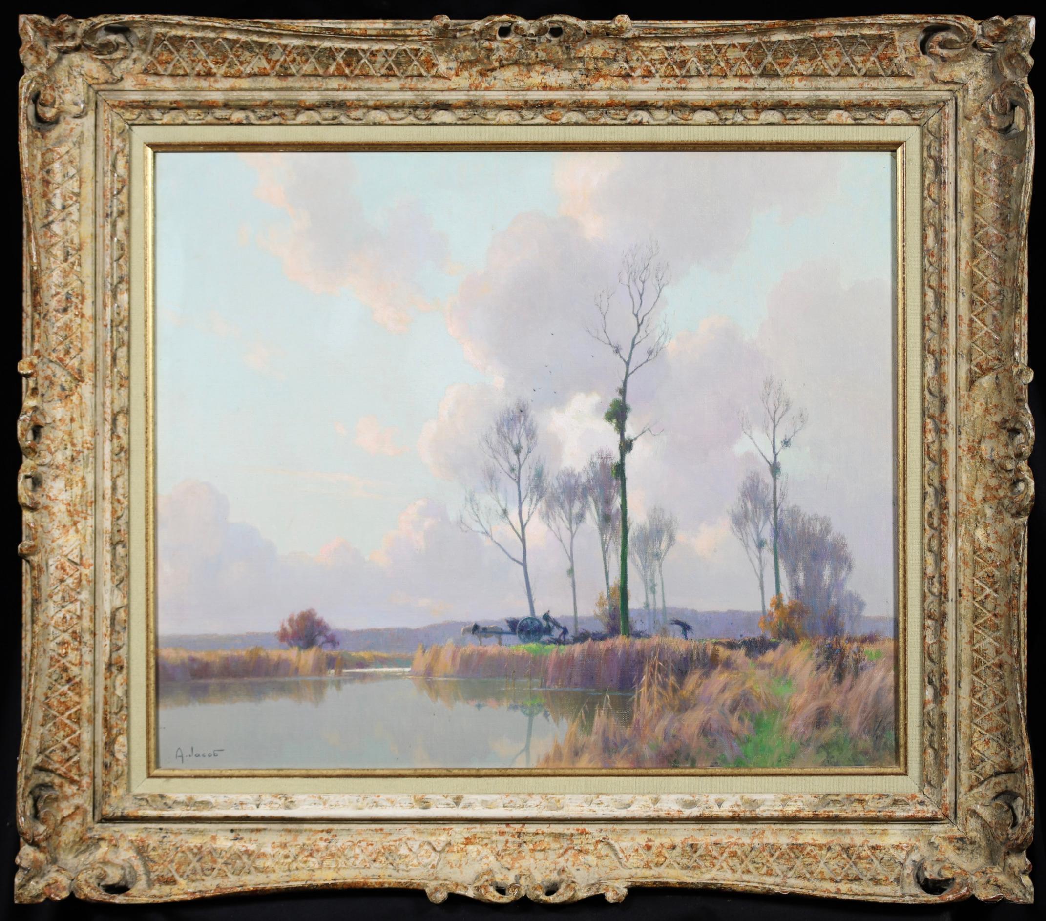 Alexandre Louis Jacob Animal Painting - Marecages en Seine et Marne - Impressionist Riverscape Oil by Alexandre Jacob