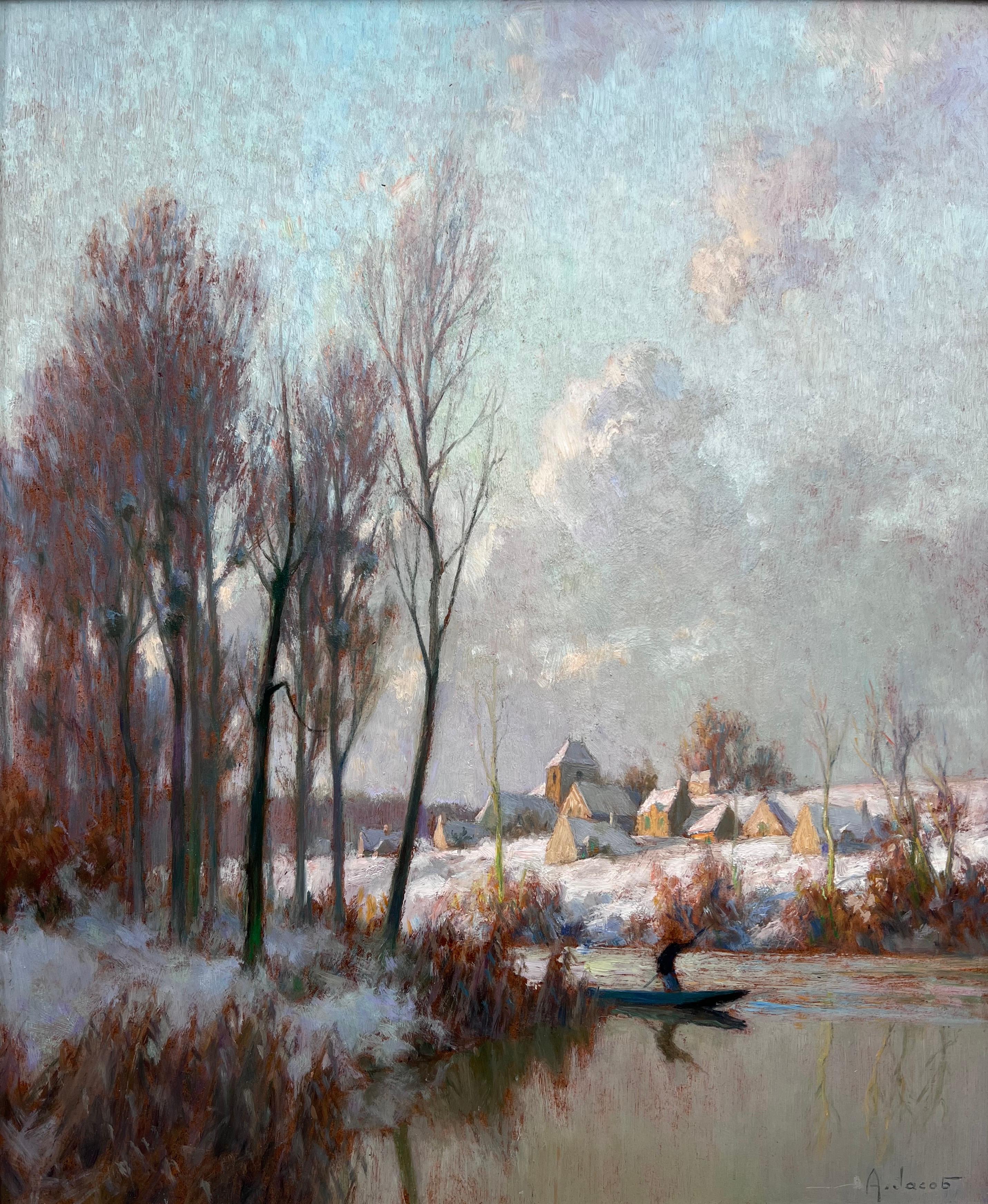 Alexandre Louis Jacob Landscape Painting - Neige et Soleil, bord de Marne