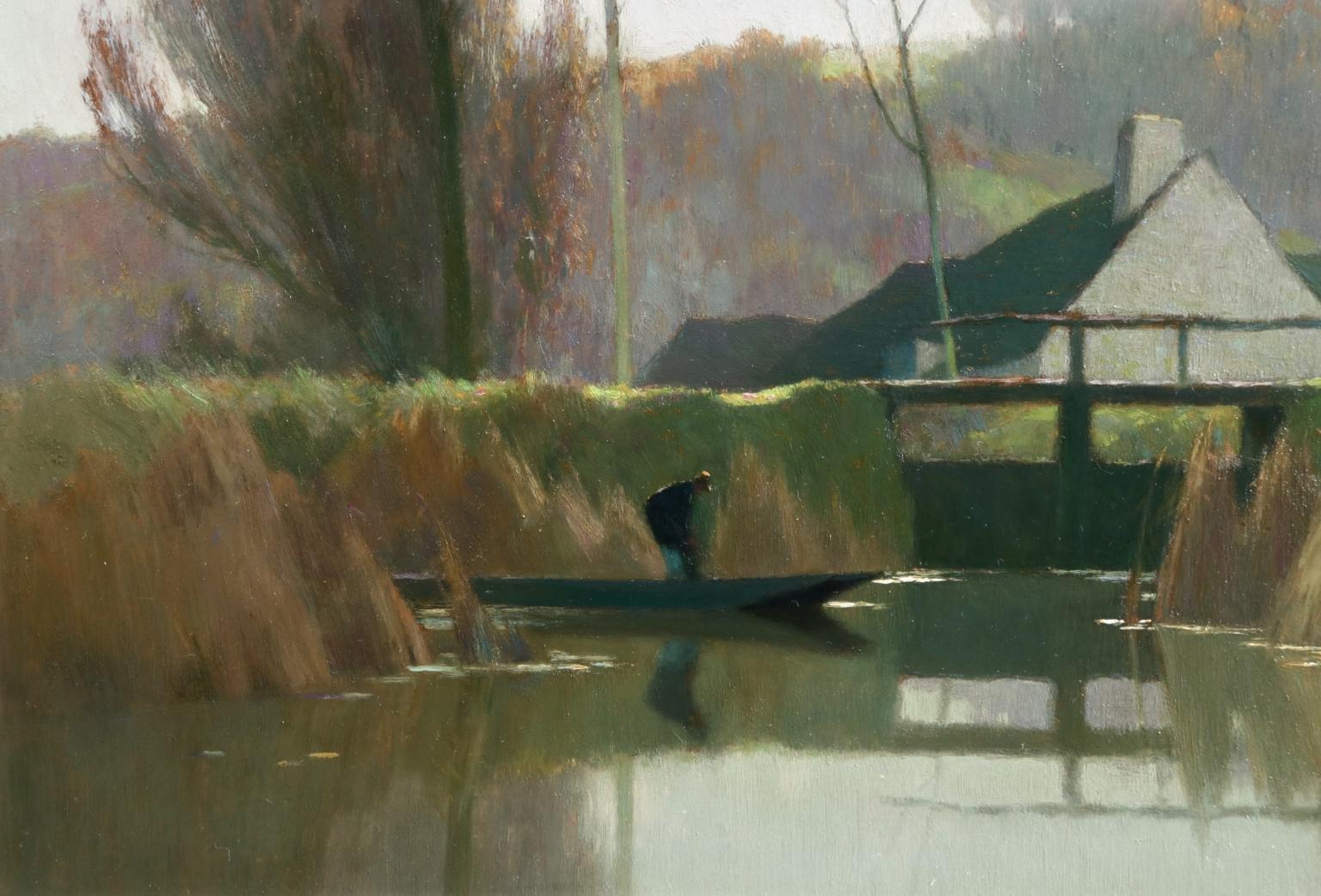 Oil on board circa 1940 by French painter Alexandre Louis Jacob depicting a figure on a riverbank by a cottage on a cool, still day in autumn. Signed lower right. Framed dimensions are 30 inches high by 26 inches wide.

Jacob was a pupil of Eugène
