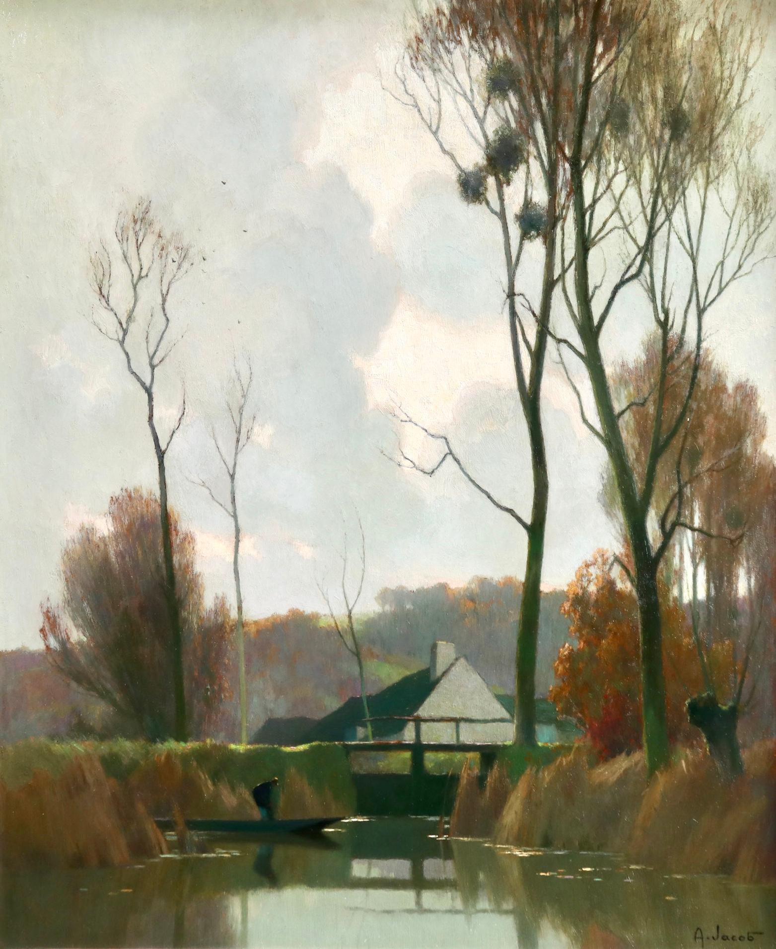 Alexandre Louis Jacob Figurative Painting - Novembre a la Reserve - Impressionist Oil, River in Landscape by Alexandre Jacob