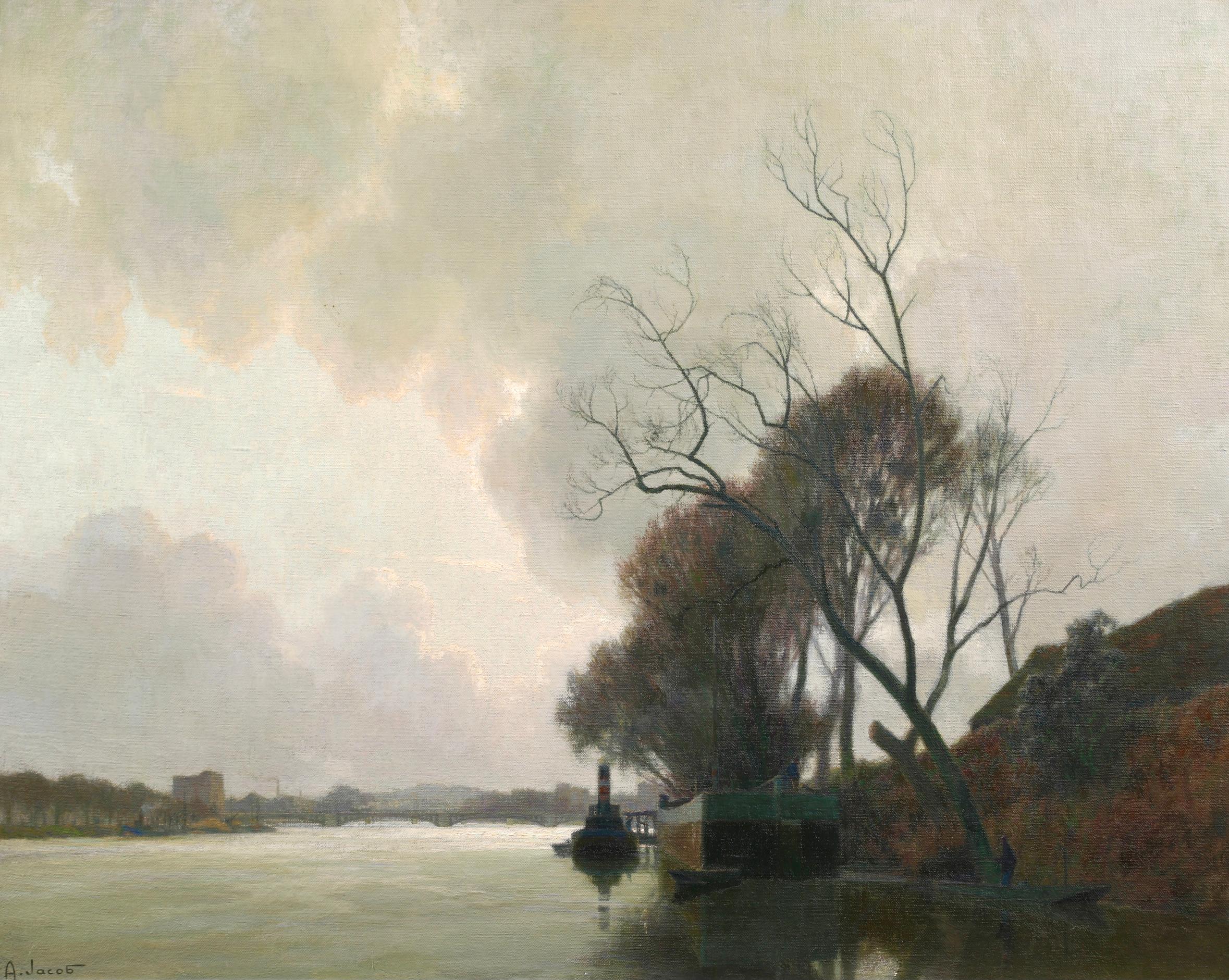 Nuages sur la Seine - Fevrier - Impressionist Riverscape Oil by Alexandre Jacob - Painting by Alexandre Louis Jacob