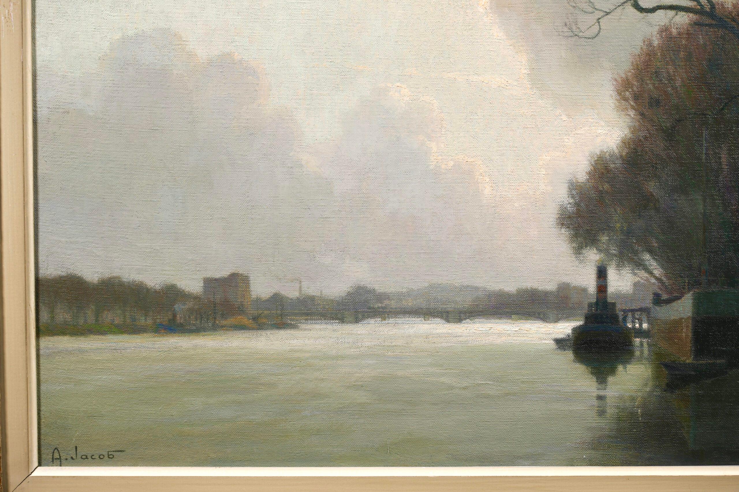 Nuages sur la Seine - Fevrier - Impressionist Riverscape Oil by Alexandre Jacob For Sale 4