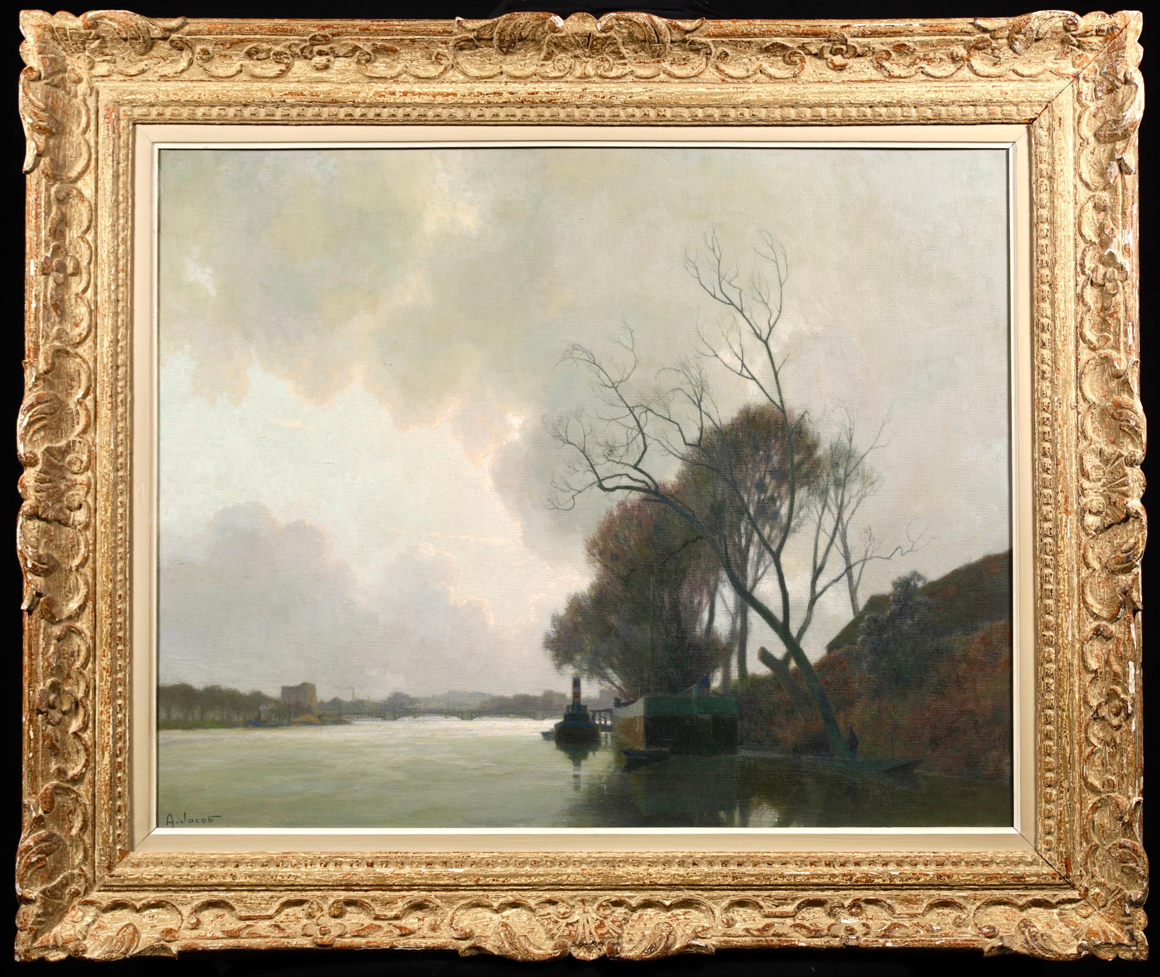 Alexandre Louis Jacob Figurative Painting – Nuages sur la Seine – Fevrier – Impressionistische Flusslandschaft, Öl von Alexandre Jacob
