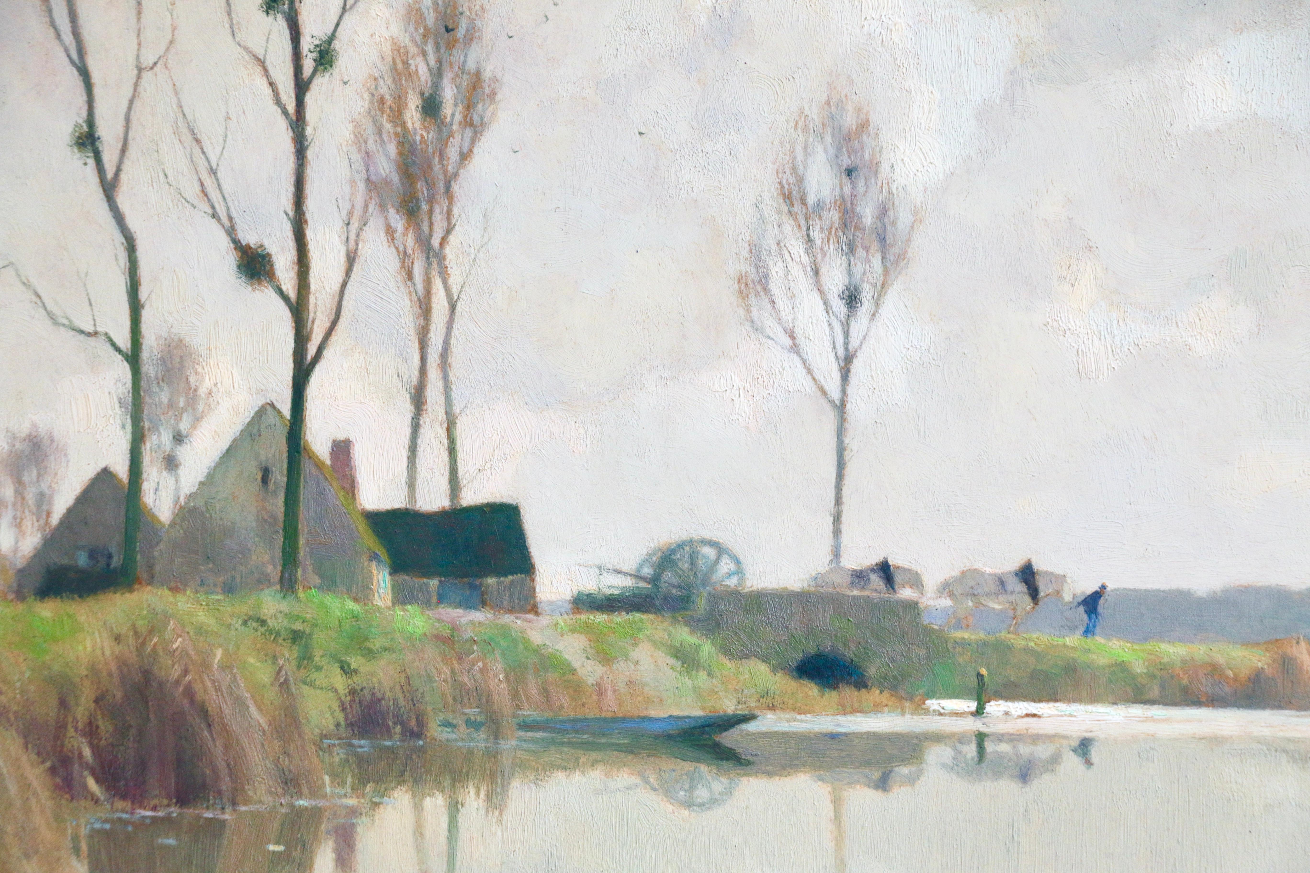 Paysage aux Bords de la Loire - 20th Century Oil, River Landscape by A L Jacob - Gray Landscape Painting by Alexandre Louis Jacob