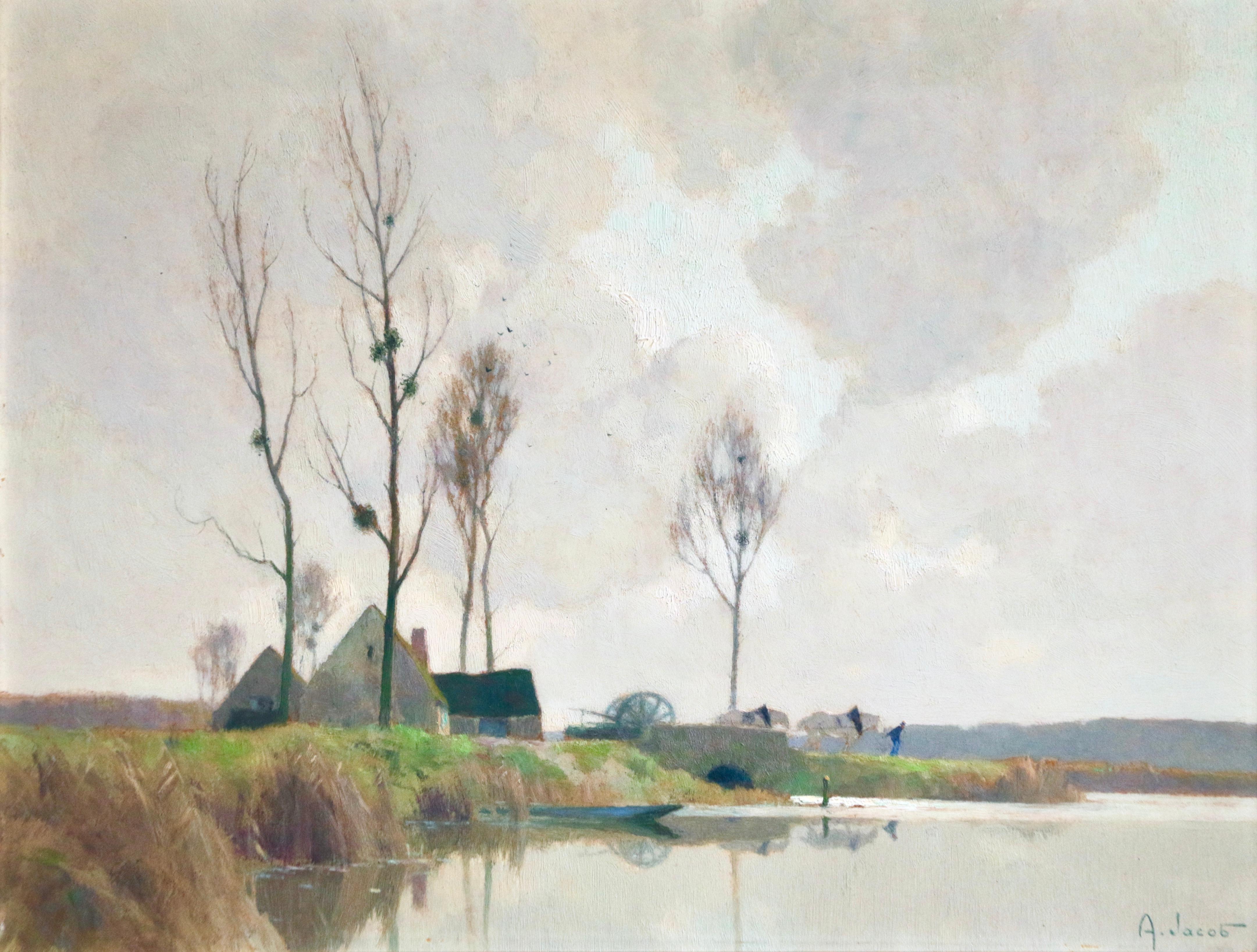Alexandre Louis Jacob Landscape Painting - Paysage aux Bords de la Loire - 20th Century Oil, River Landscape by A L Jacob