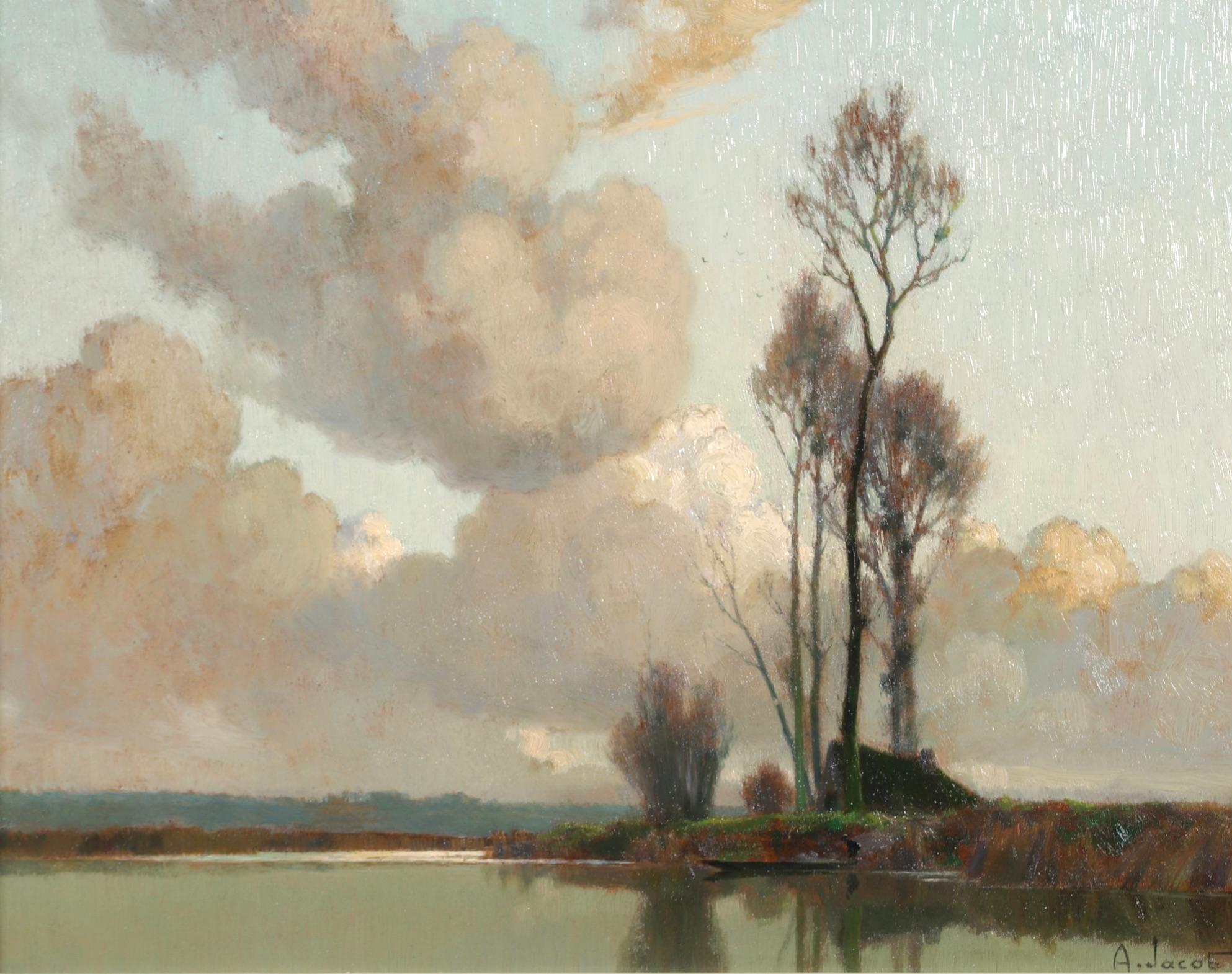 Paysage de marais - Peinture à l'huile impressionniste de paysage fluvial d'Alexandre Jacob - Painting de Alexandre Louis Jacob