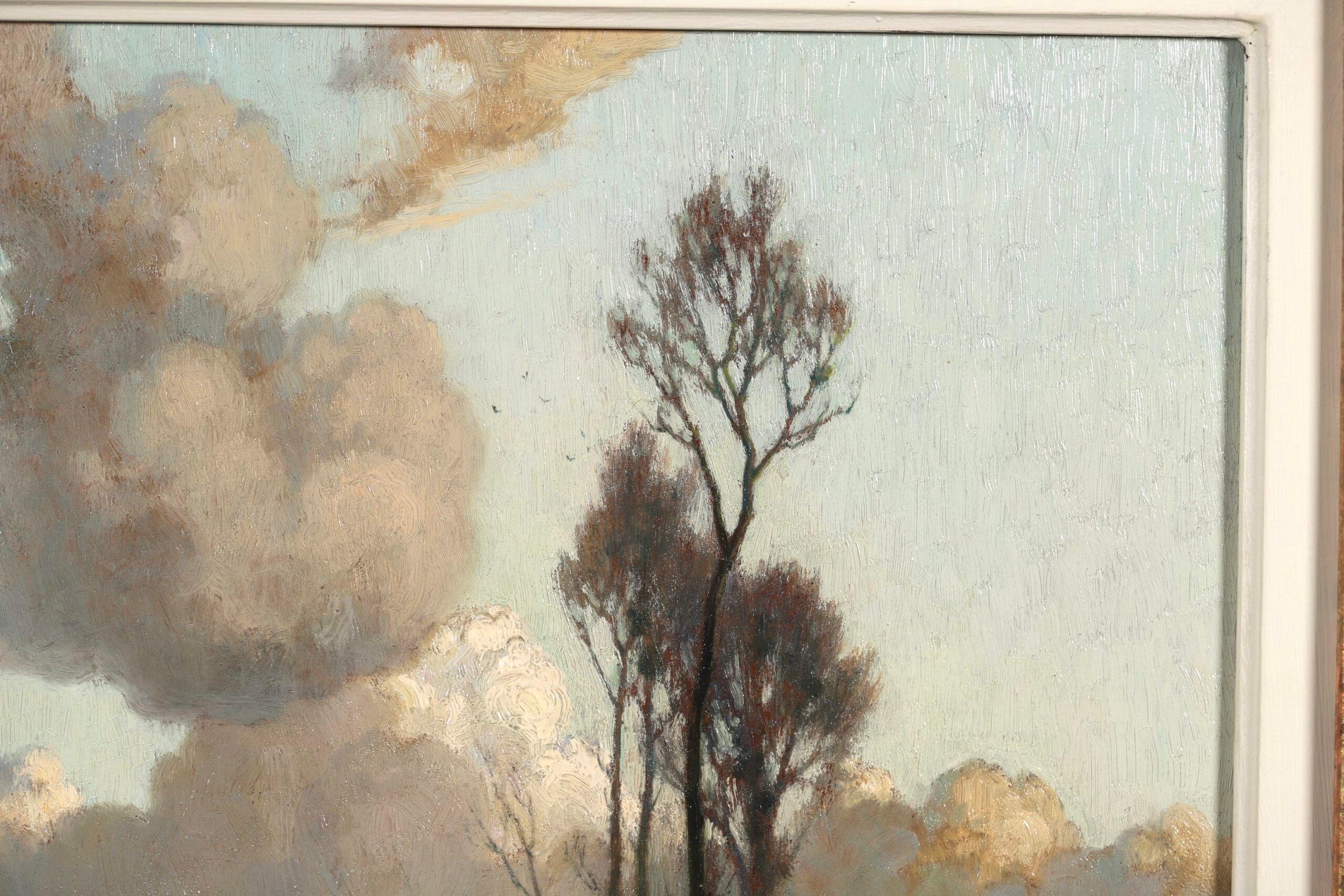 Paysage à l'huile sur toile signé, datant de 1940, du célèbre peintre impressionniste français Alexandre Louis Jacob. L'œuvre représente un paysage automnal de marais au bord de la Seine en début de soirée.

Signature :
Signé en bas à