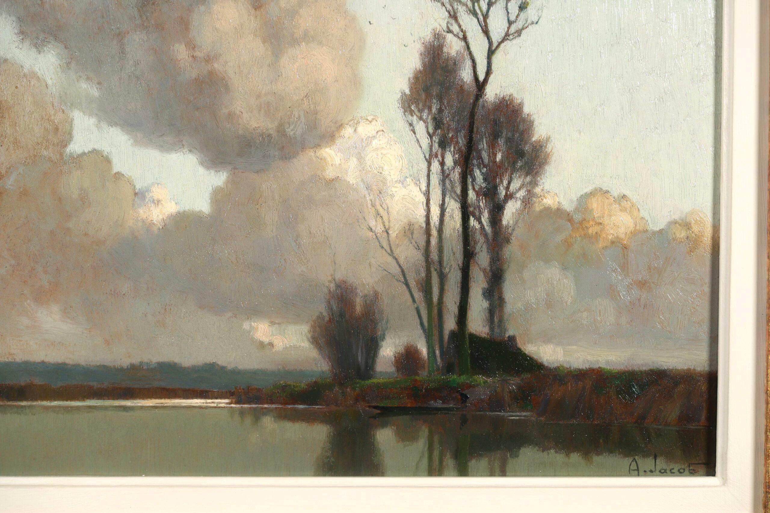 Paysage de marais - Peinture à l'huile impressionniste de paysage fluvial d'Alexandre Jacob en vente 2