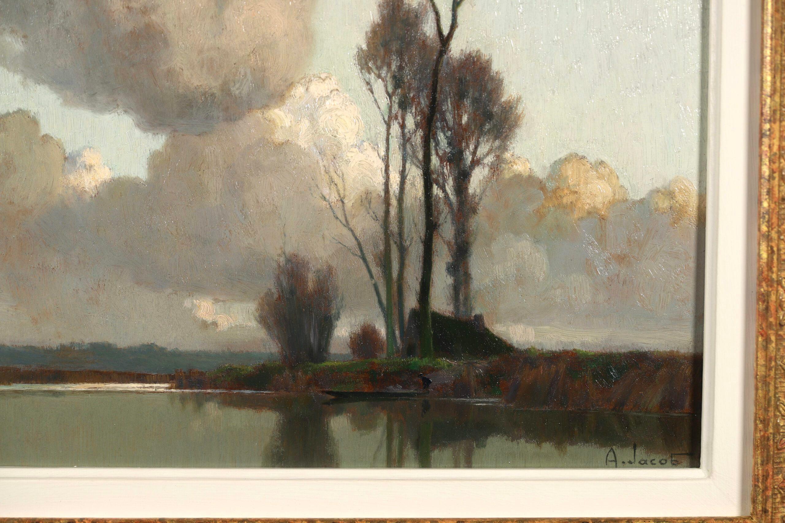 Paysage de marais - Peinture à l'huile impressionniste de paysage fluvial d'Alexandre Jacob en vente 4