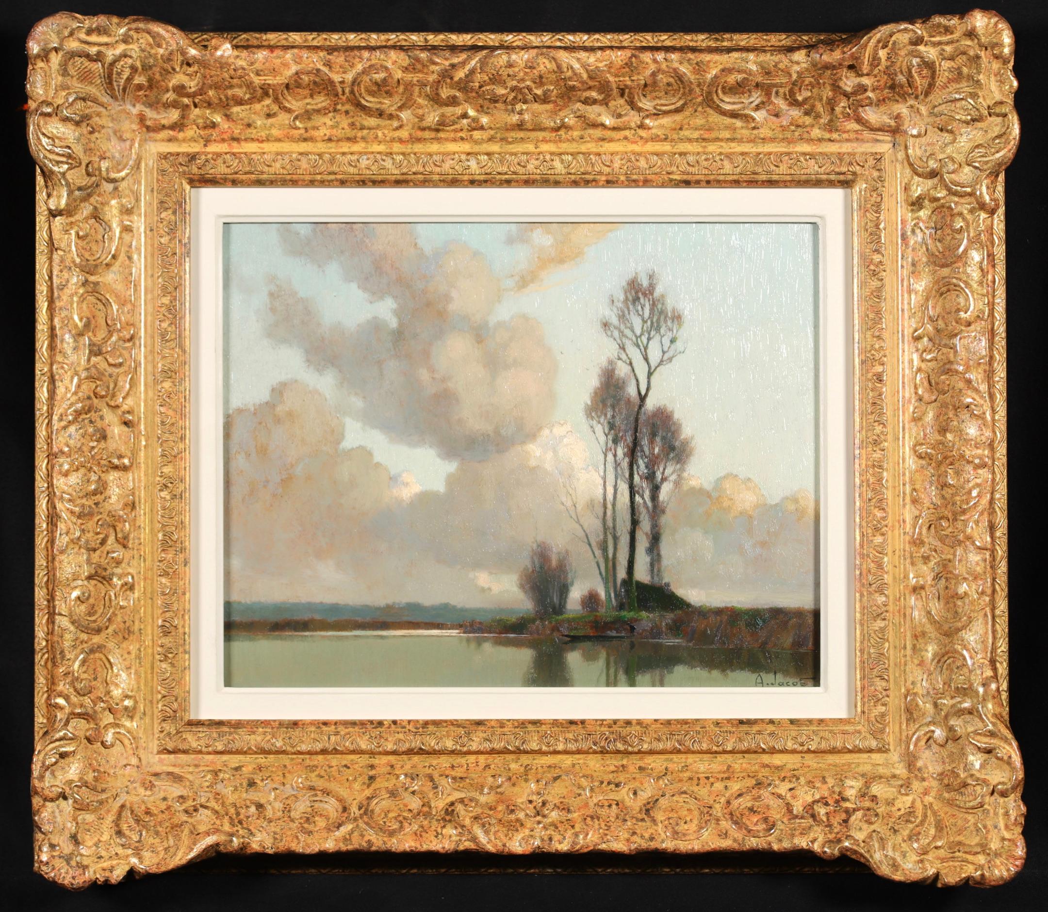 Alexandre Louis Jacob Still-Life Painting - Paysage de marais - Impressionist Riverscape Oil Painting by Alexandre Jacob